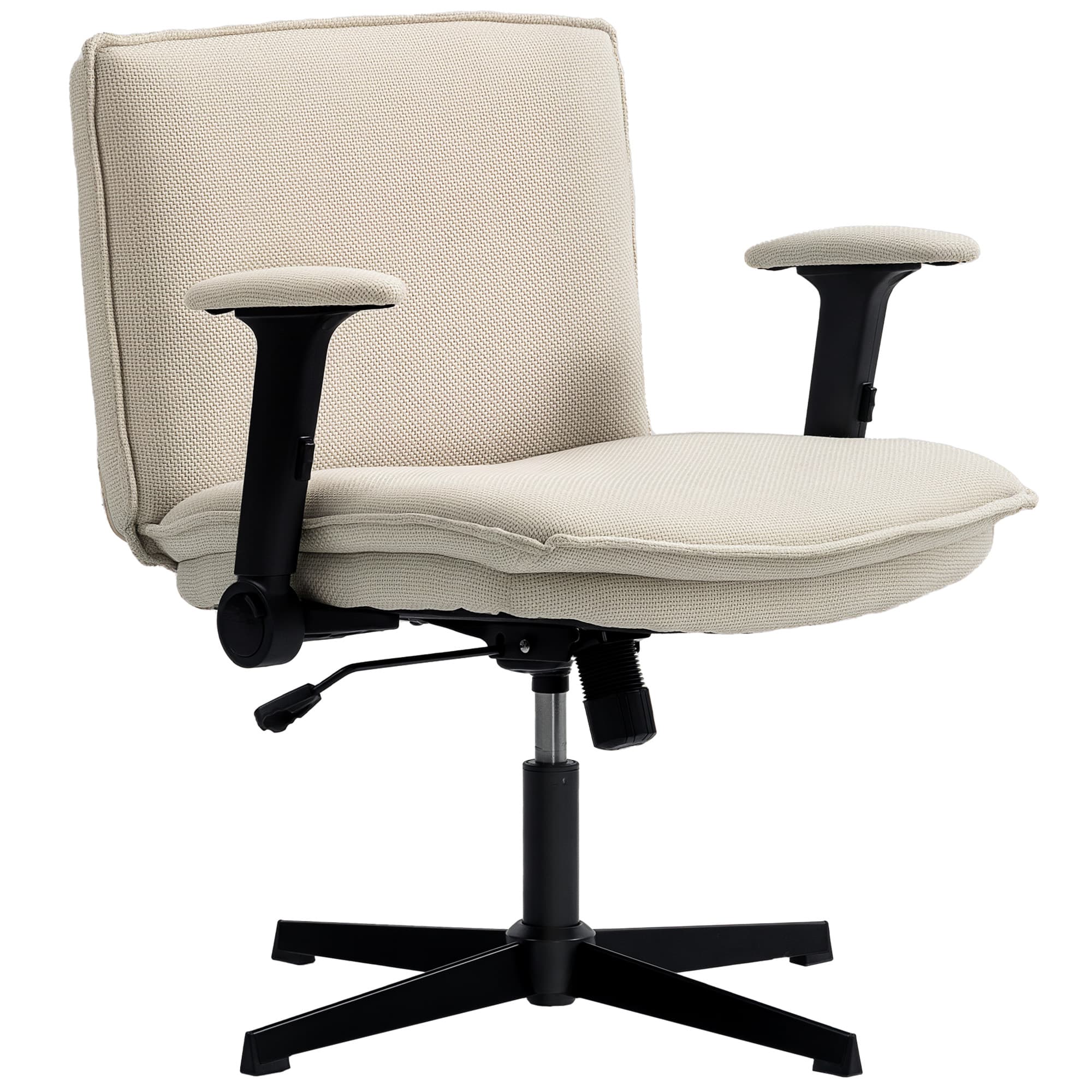 HOMCOM Chaise de Bureau Jambes Croisées avec Accoudoirs Rabattables Siège Large sans Roues Hauteur Réglable Pivotante Crème