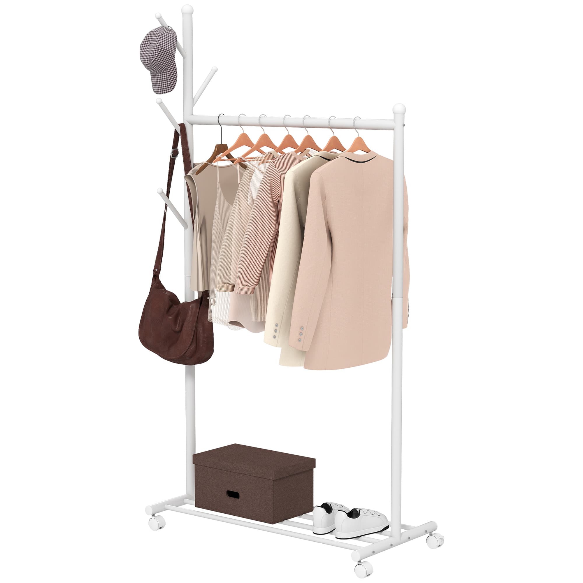 HOMCOM Portant à Vêtements sur Roulettes 5 Crochets Barre pour Suspendre et Tablette Inférieure pour Entrée Chambre à Coucher 86x43x171 cm Blanc
