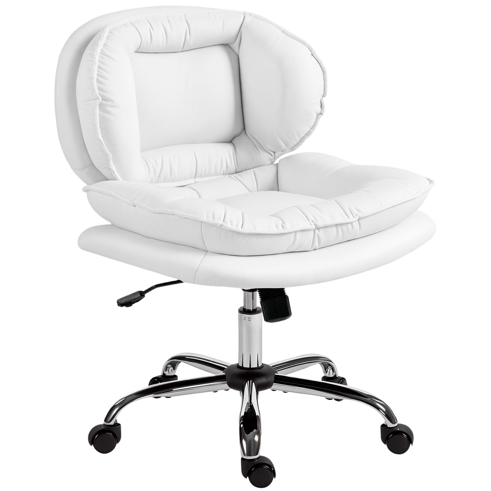 HOMCOM Chaise de Bureau Jambes Croisées avec Siège Large Roulettes Hauteur Réglable Double Rembourrage Fonction Basculement Blanc