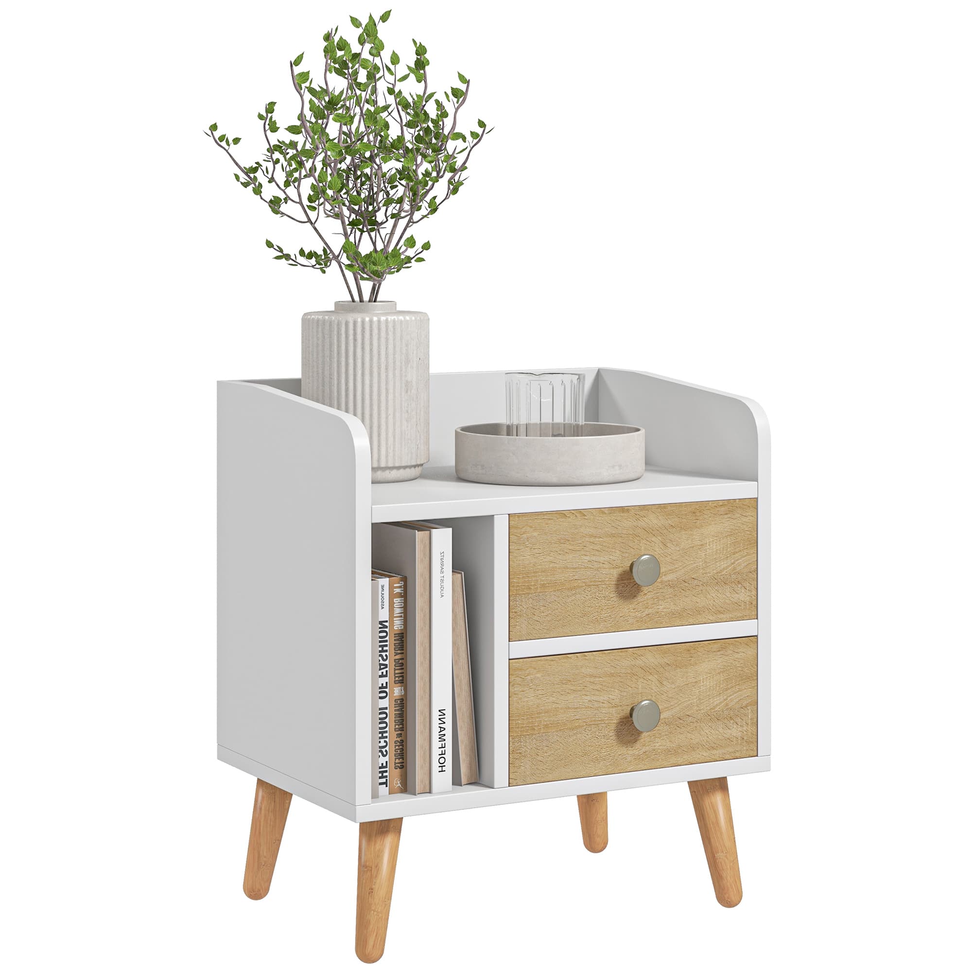 HOMCOM Table de chevet table de nuit design scandinave 2 tiroirs + niche pieds effilés inclinés bois massif de pin 43 x 30 x 49 cm