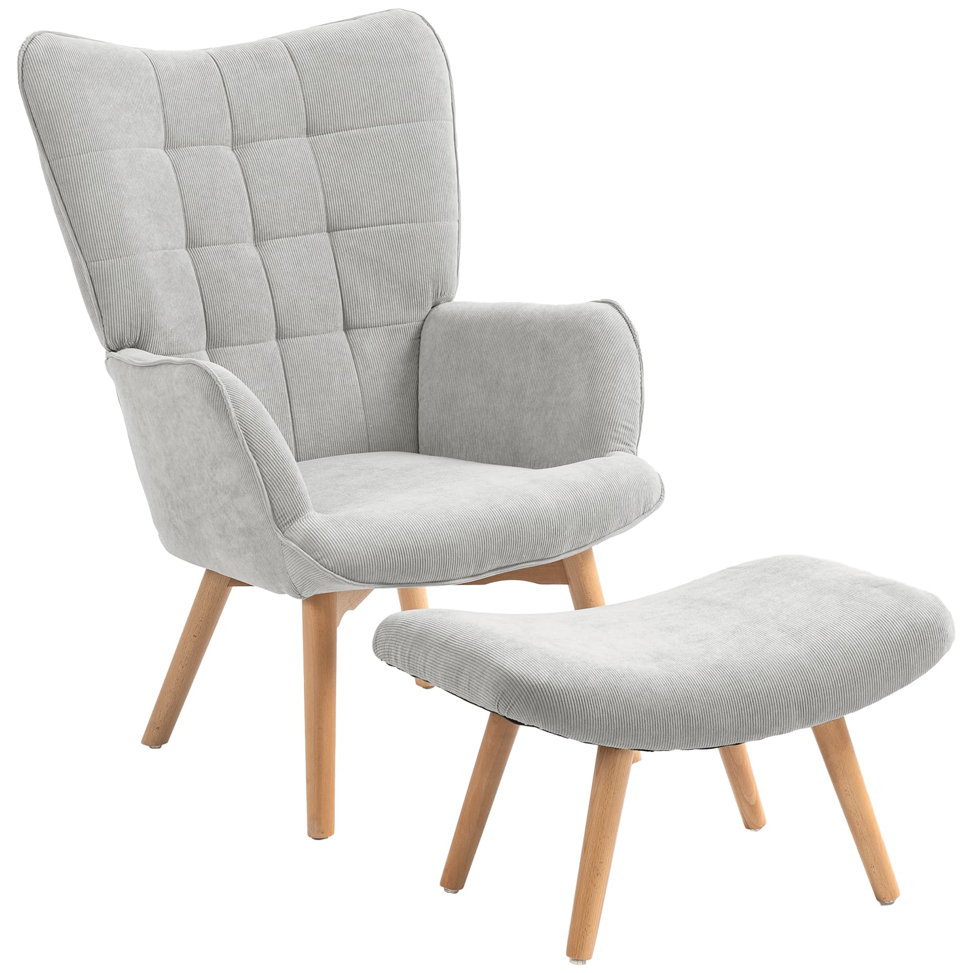 HOMCOM Fauteuil avec repose pied, dossier haut, pieds en bois et tissu aspect velours côtelé, pour salon chambre à coucher gris