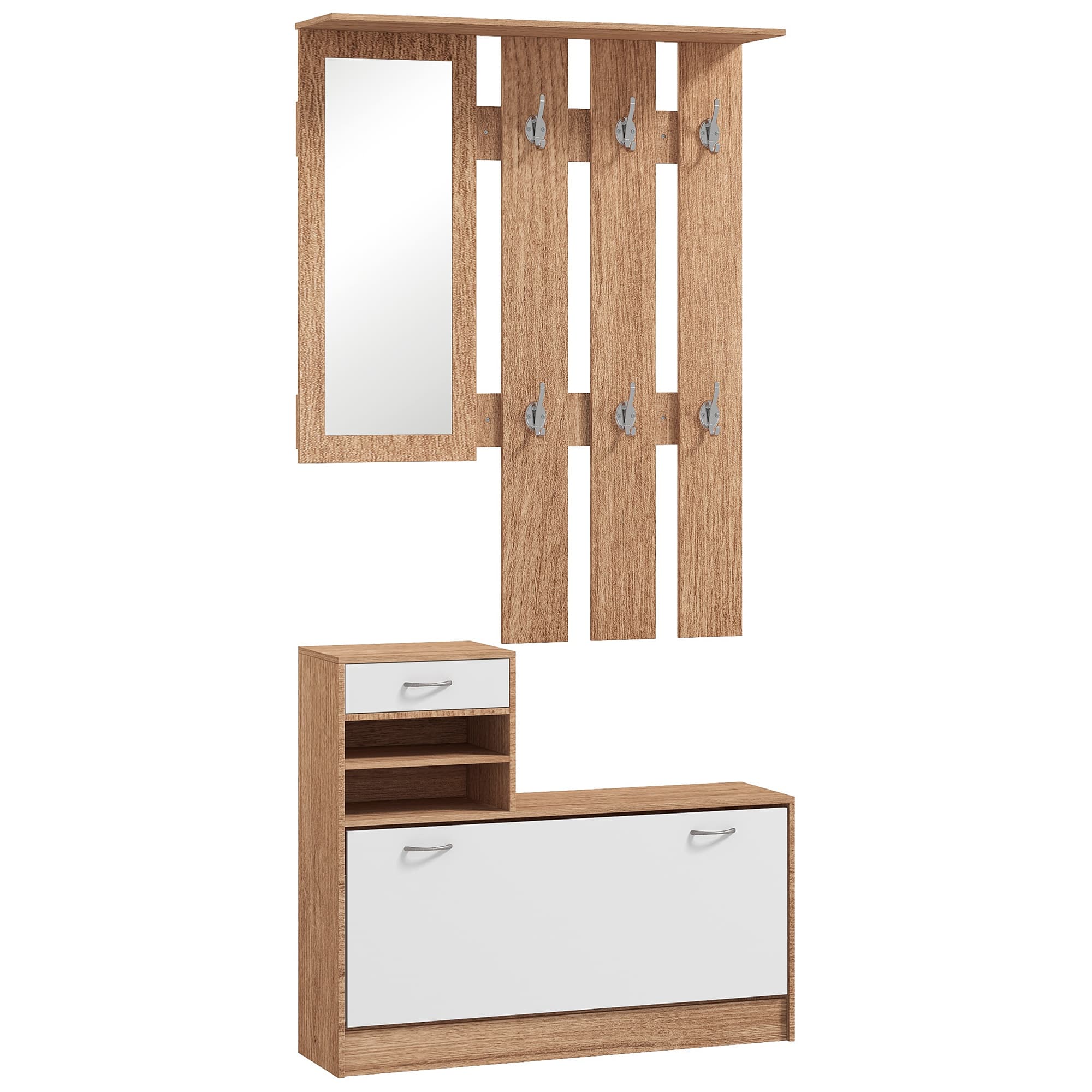 HOMCOM Meuble d'entrée vestiaire avec panneau porte-manteau, miroir et banc à chaussures - 6 crochets et étagère réglable