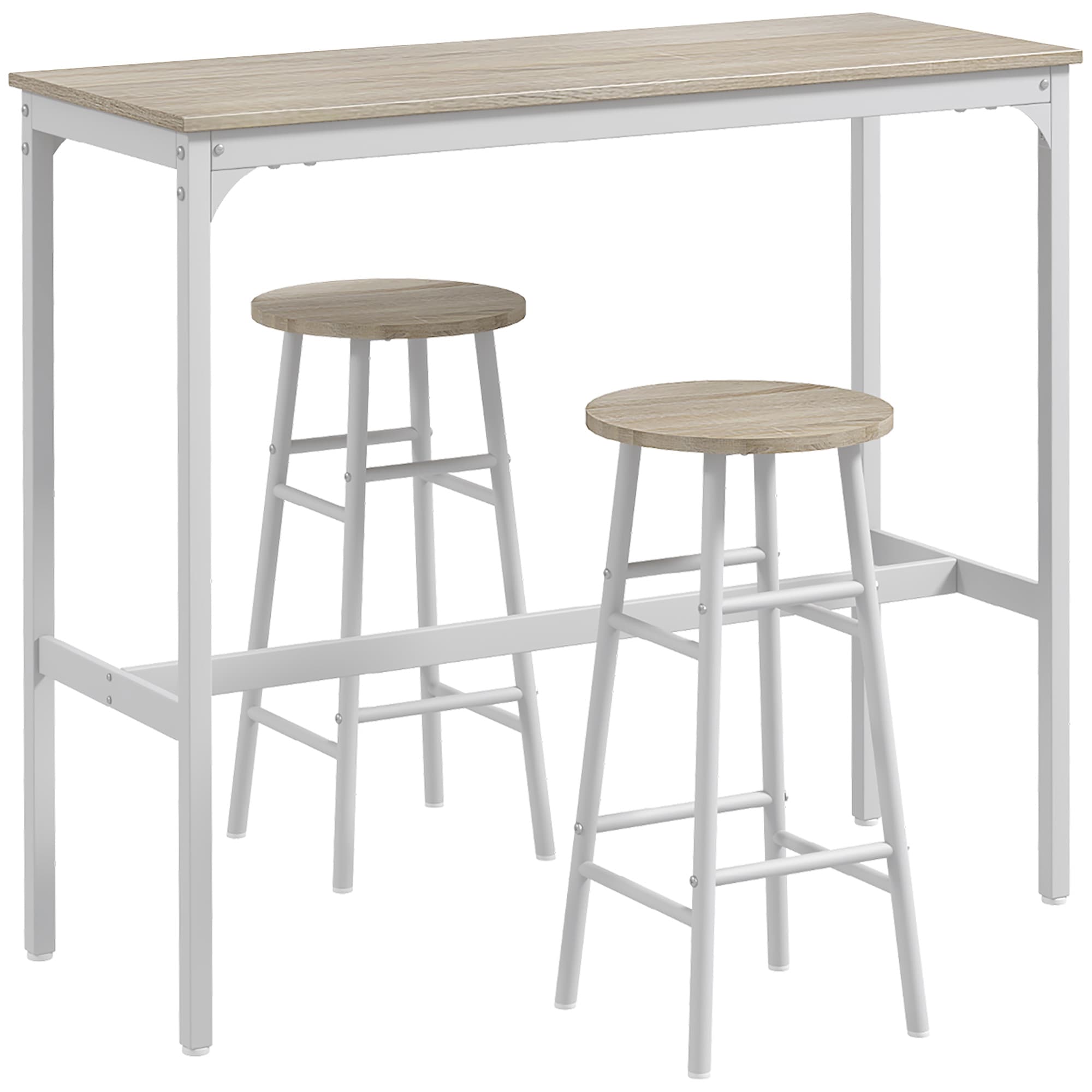 HOMCOM Ensemble table haute de bar + 2 tabourets structure en acier plateau aspect bois naturel 2 personnes blanc