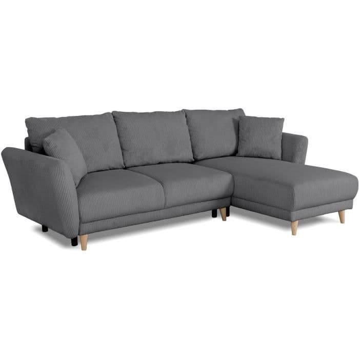 Canapé d'angle convertible réversible - 3 / 4 places - CLAUDIUS - Tissu Velours côtelé Anthracite - Coffre - 244 x 158 x 86 cm