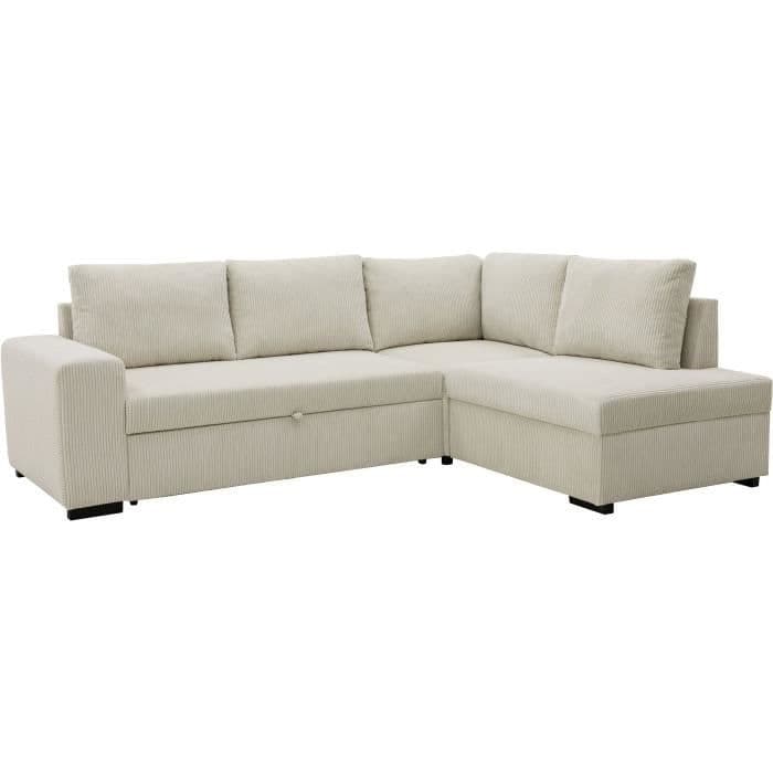 Canapé d'angle convertible réversible NIRVANA 4 a 5 places - Tissu velours côtelé perle - Coffre de rangement - L247 x P 183 x H 87