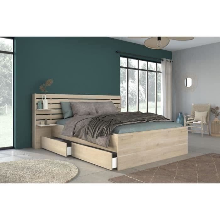 Lit adulte ESCALE 160x200 cm - Décor chene du Japon - 2 tiroirs + Tete de lit - L222,8 x H98,2 x P216,8 cm - Fabriqué en France