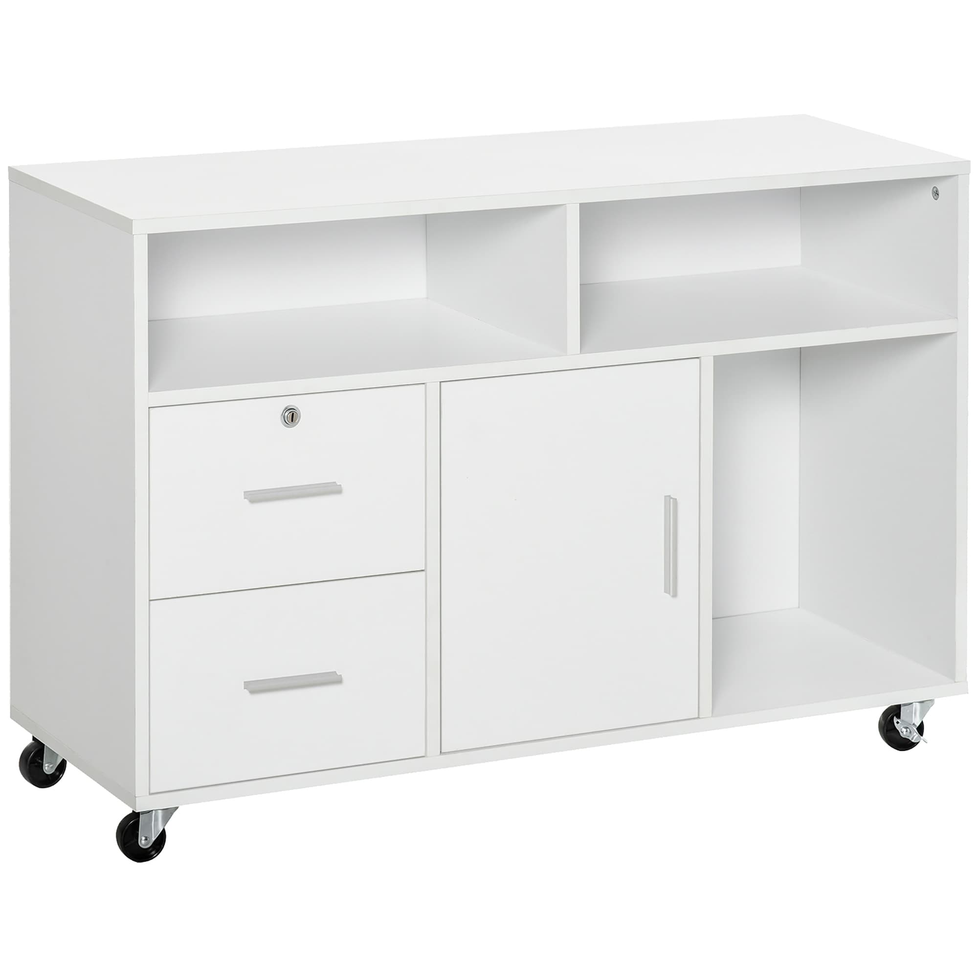 HOMCOM Support d'imprimante caisson placard porte avec étagère, niches, tiroirs verrouillables + grand plateau panneaux particules blanc