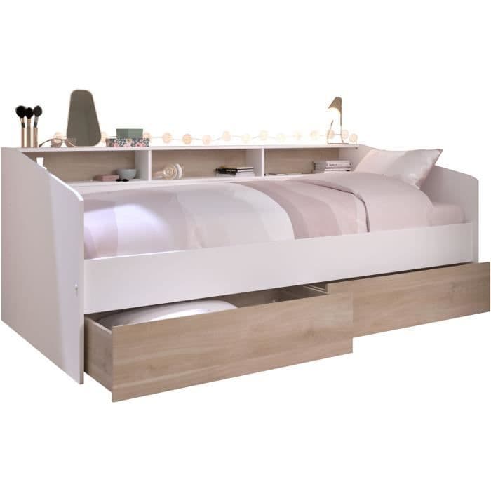 Lit banquette 2 tiroirs 90 x 200/190 cm - MDF - Mat décor chene et blanc - JOY - 2339ENSE