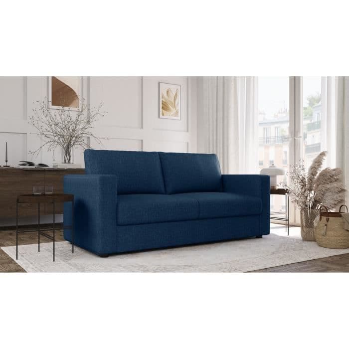 Canapé 3 places - Delta - Tissu Bleu - Convertible semi-express matelas 13cm - 190 x 92 x 90 cm
