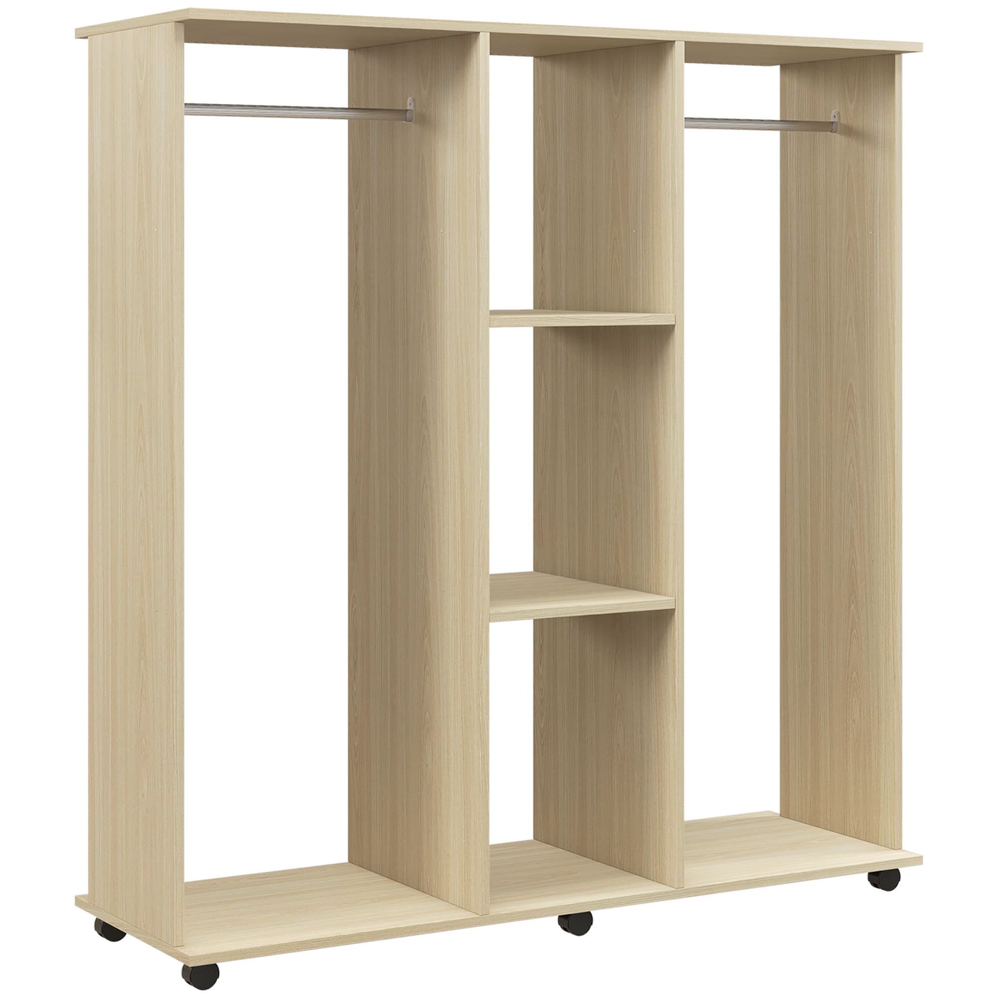 HOMCOM Armoire penderie Meuble de Rangement Mobile 6 roulettes 120L x 40l x 128H cm en bois naturel