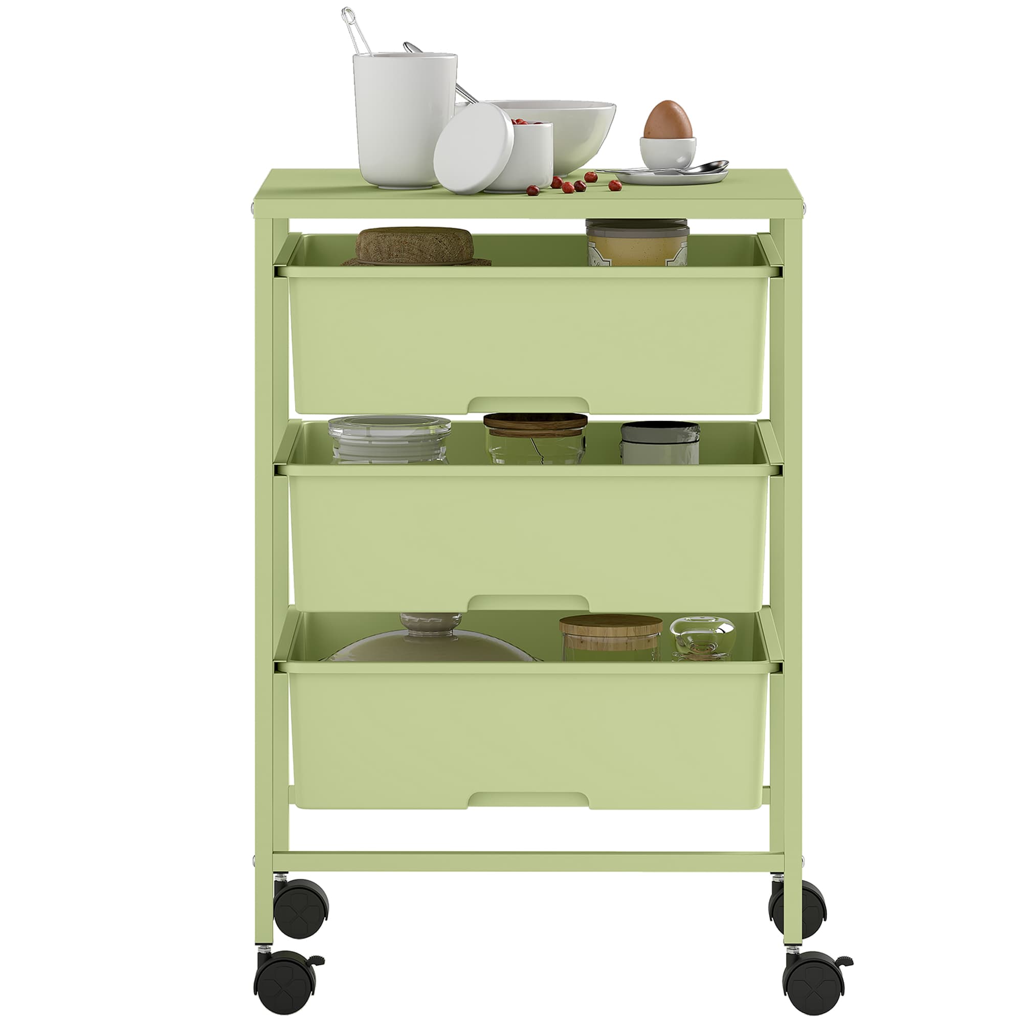 HOMCOM Chariot de Rangement de 4 Niveaux Chariot de Cuisine avec Roulettes 3 Paniers et Planche 40,8x33,5x60,5 cm Vert