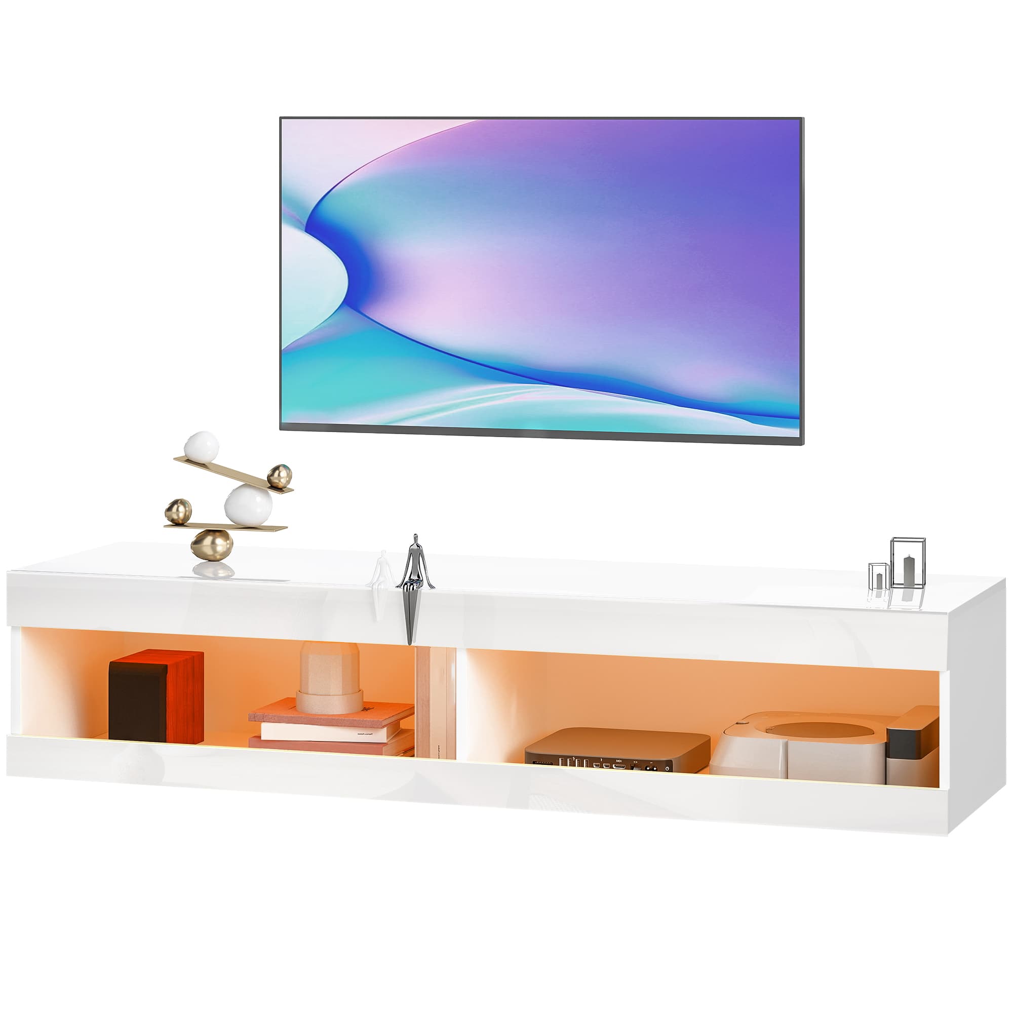 HOMCOM Meuble TV Suspendu avec Lumières LED avec Télécommande Compartiments Passe-câbles 140x40x30 cm Blanc Brillant