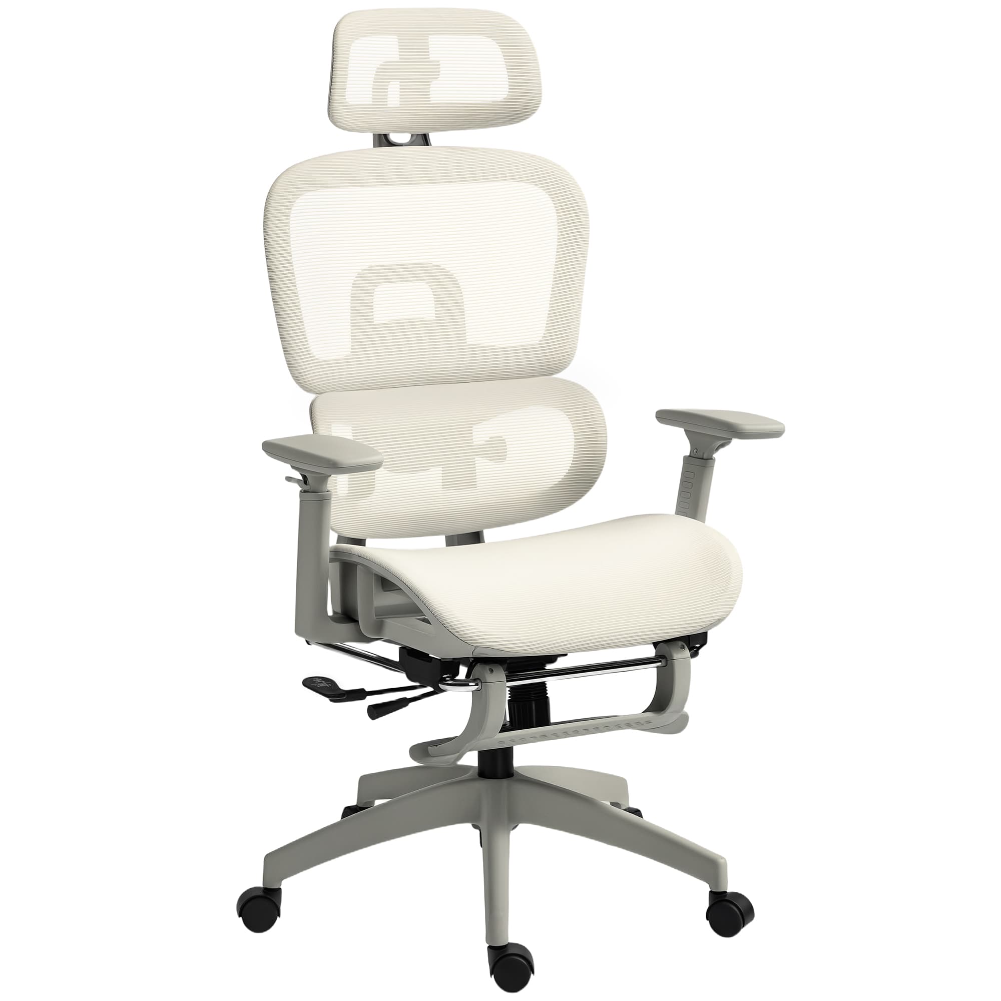 HOMCOM Chaise de bureau, Chaise de bureau ergonomique avec revêtement en maille, ajustable, sur roulettes, avec accoudoirs, appuie-tête, Beige
