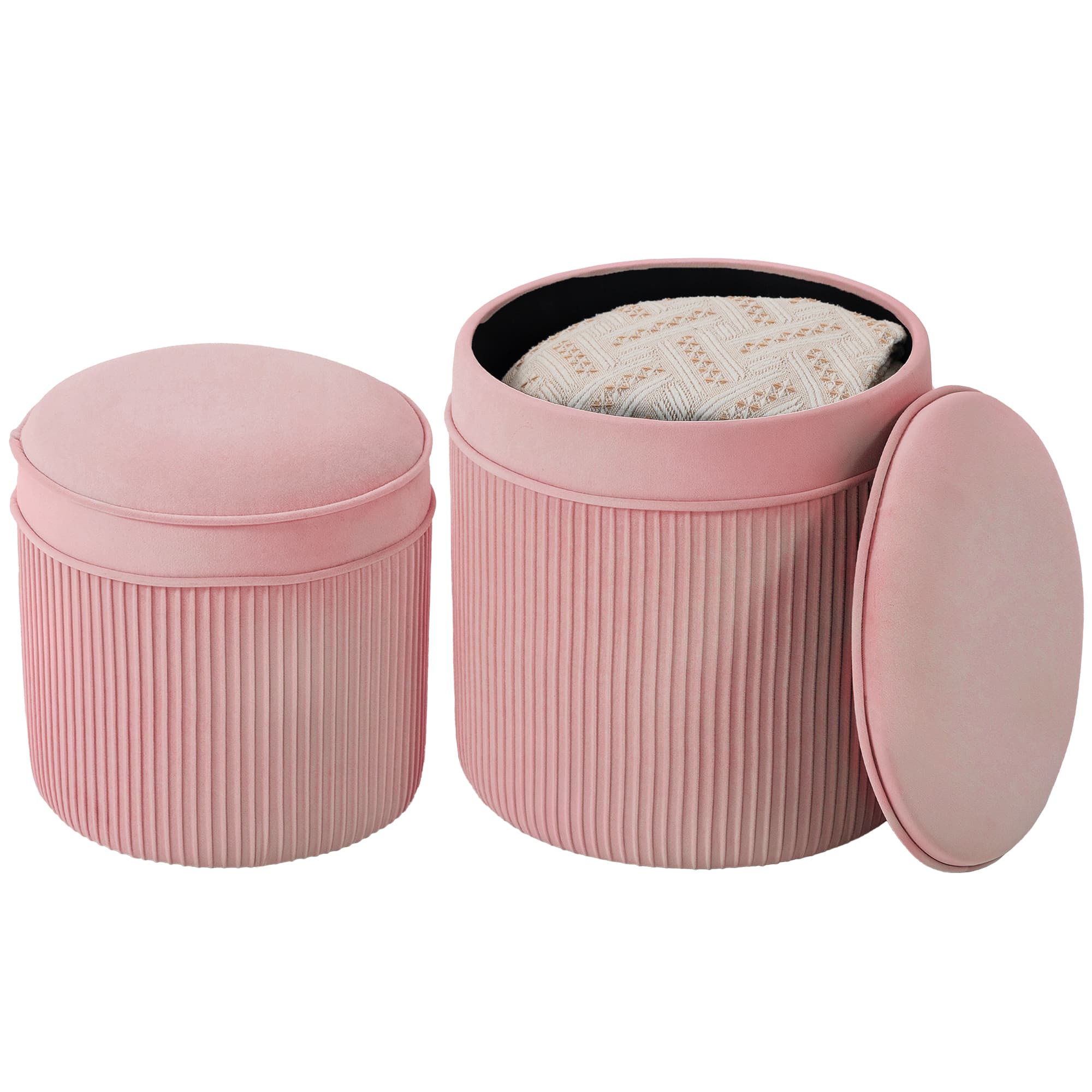 HOMCOM Set 2 Poufs Repose-Pieds Ronds Empilables et Rembourrés avec Revêtement en Velours, Coffre de 34,8 L, Rose