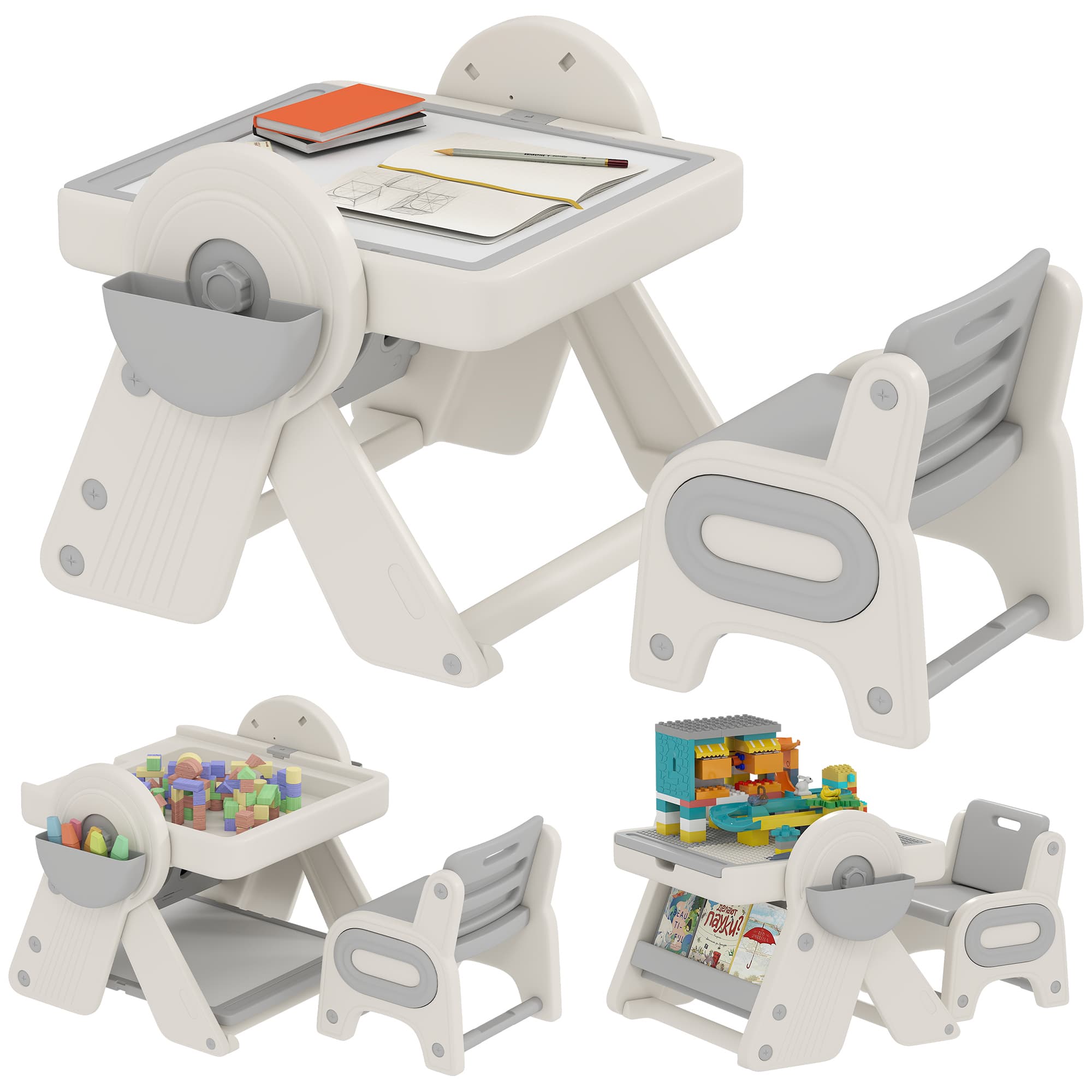 AIYAPLAY Table Polyvalente pour Enfants avec Plateau Rangement et Tiroirs, en HDPE et PP, Gris et Blanc