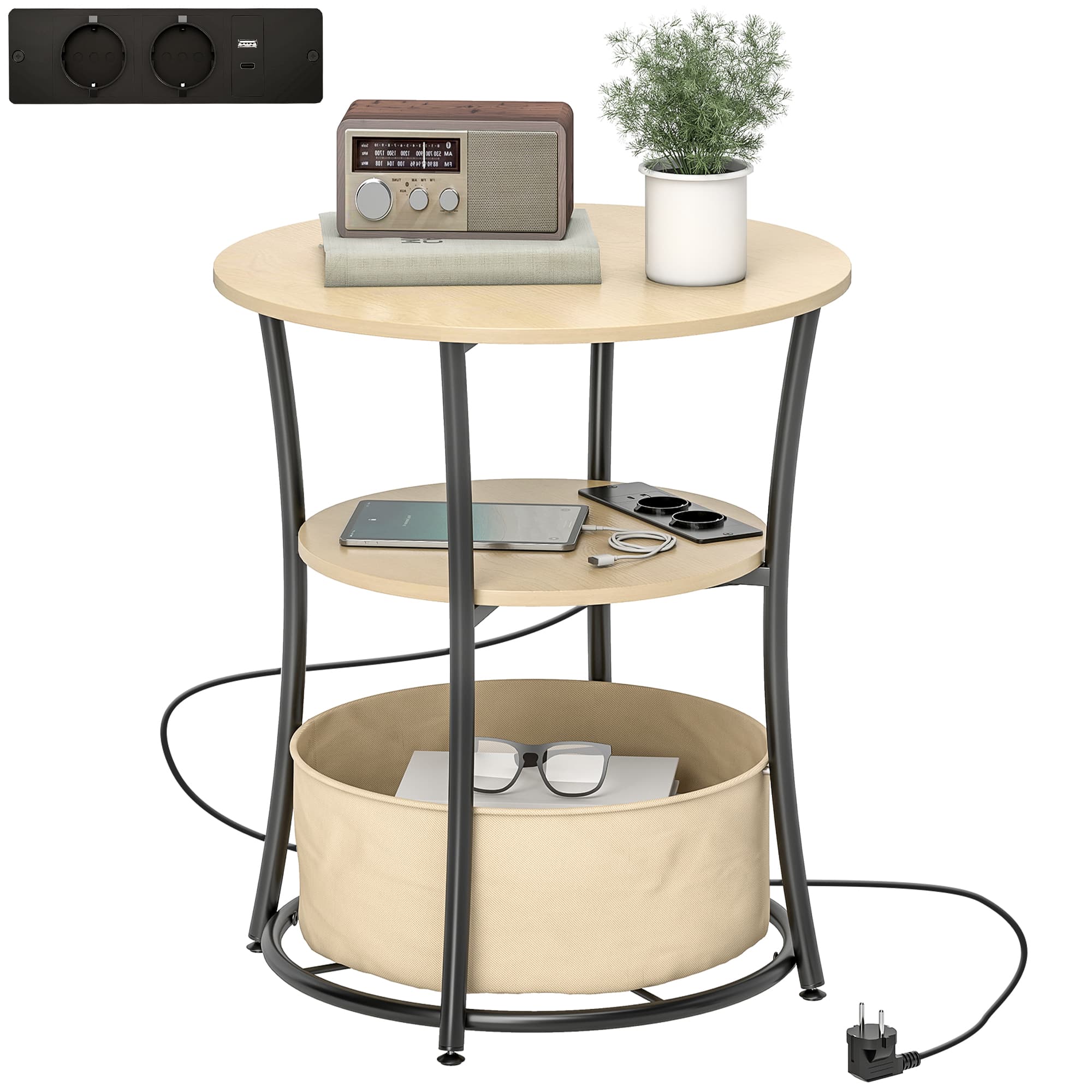 HOMCOM Table d'appoint ronde 3 niveaux avec station de charge (2 prises, USB/USB‐C) et sac de rangement, Ø50 x 55,1 cm, bois naturel