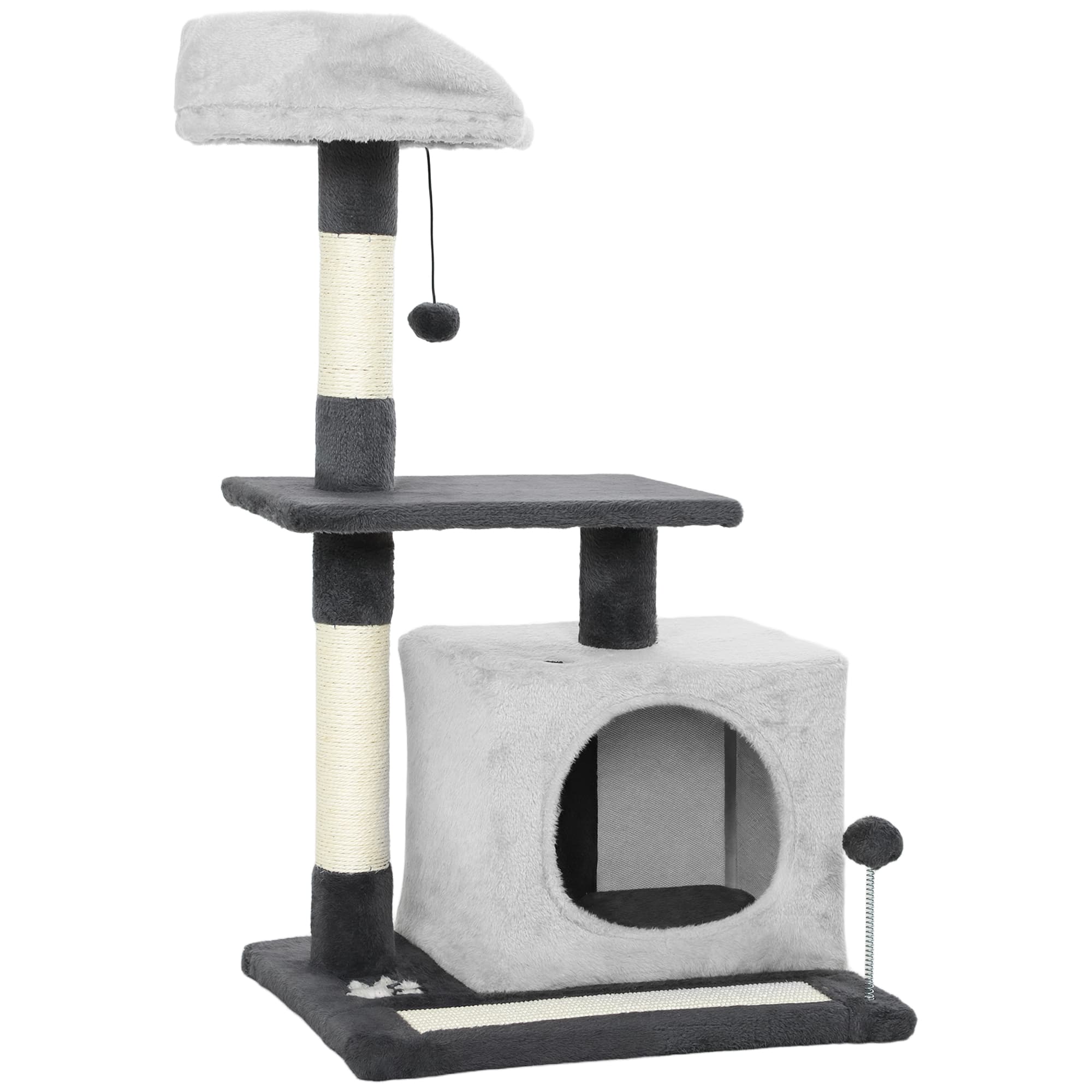 PawHut Arbre à Chat 85 cm avec Caverne, Plateformes et Poteaux Sisal – Gris clair/Noir