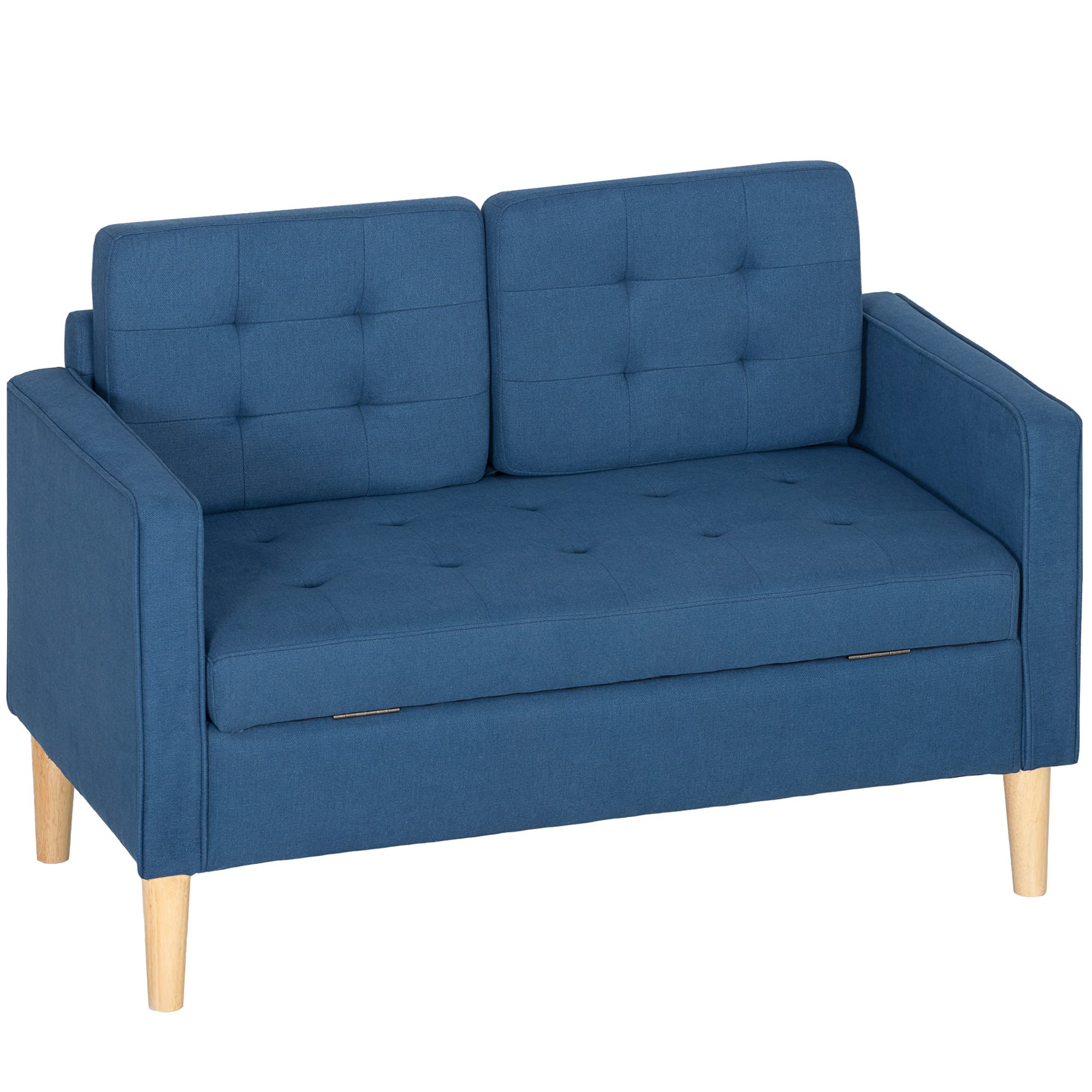 HOMCOM Canapé 2 places avec rangement et capitonnage, pieds en bois d'hévéa, 117 x 62 x 78 cm, Bleu