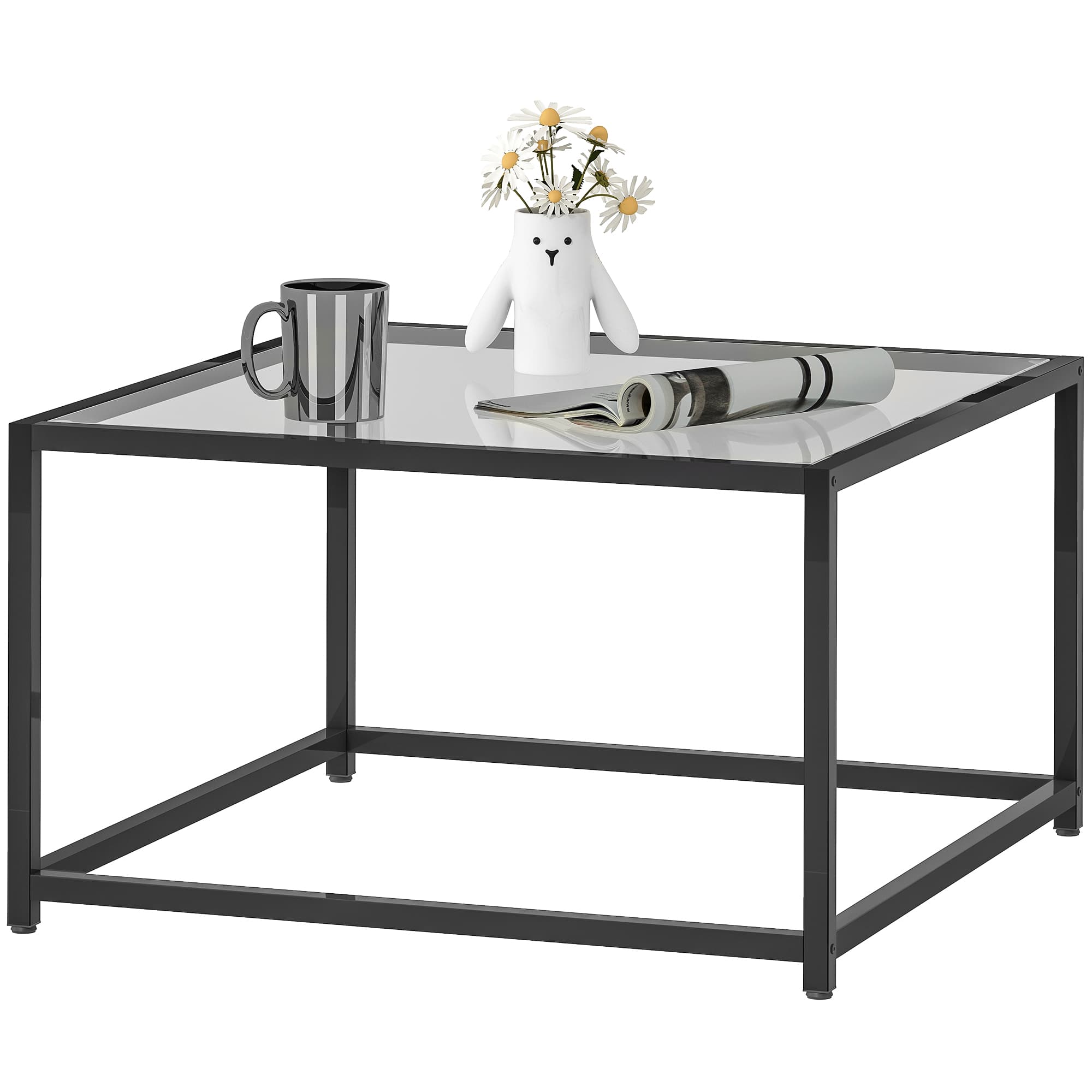 HOMCOM Table basse carrée 68 x 68 x 39 cm — Verre trempé & structure acier, Noir