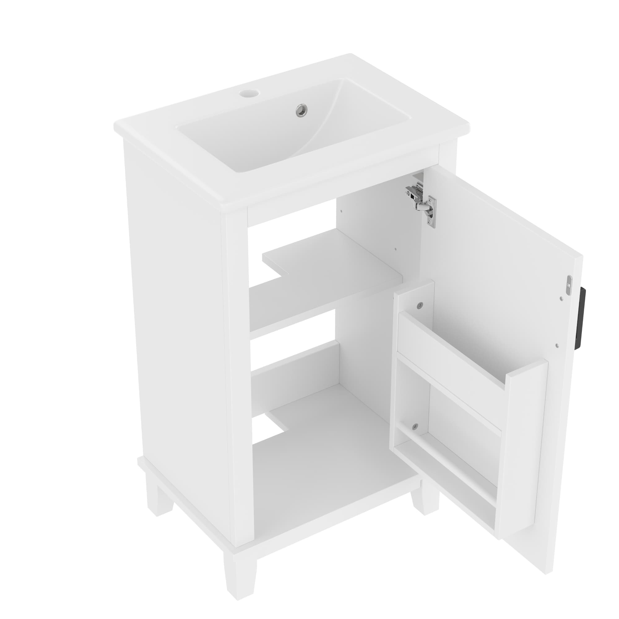 Armoire de salle de bain autoportante avec lavabo en céramique intégré, étagères réglables, 51x34x83 cm, Blanc