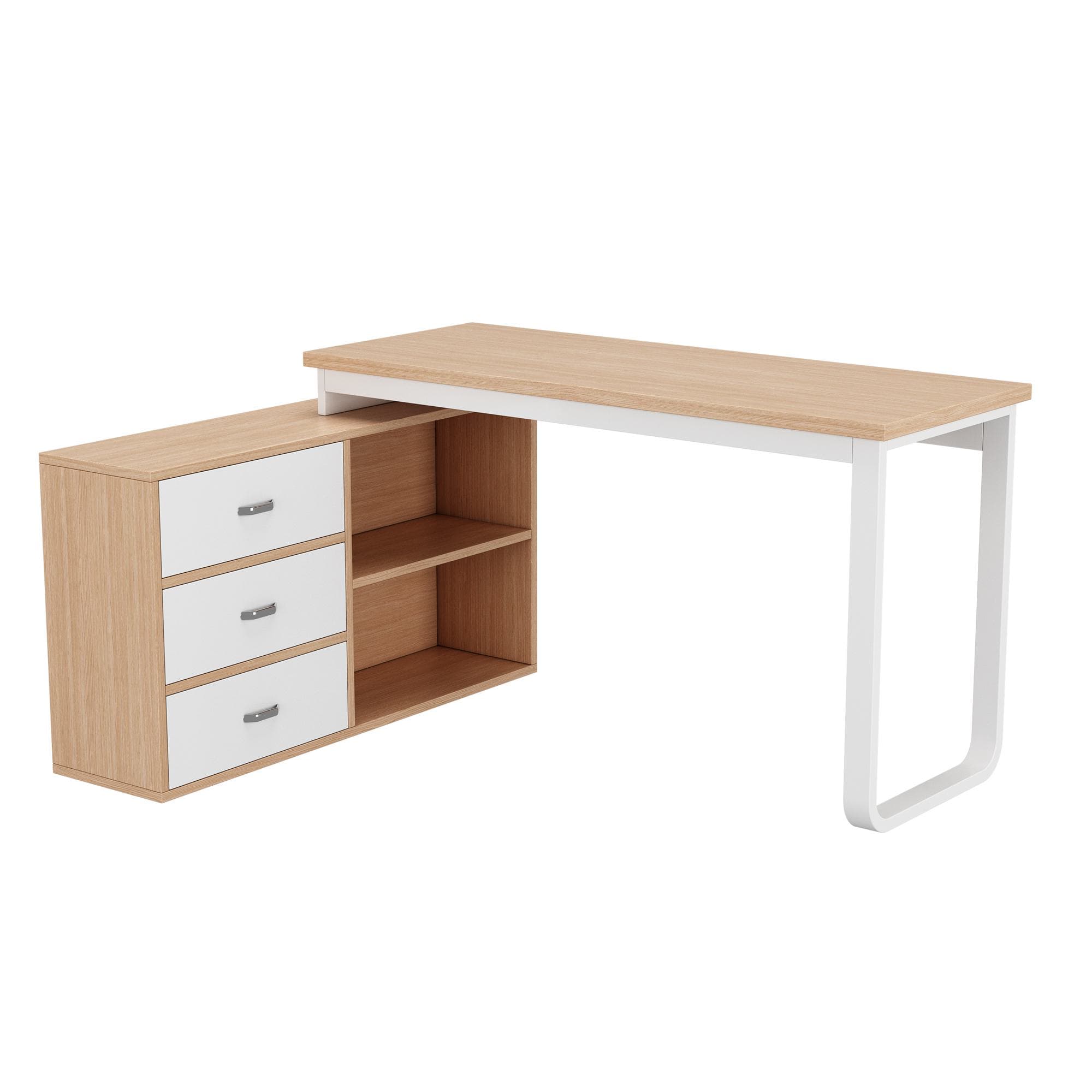 Bureau simple avec trois tiroirs et deux compartiments ouverts, 147x100x75,3 cm, Couleur naturelle
