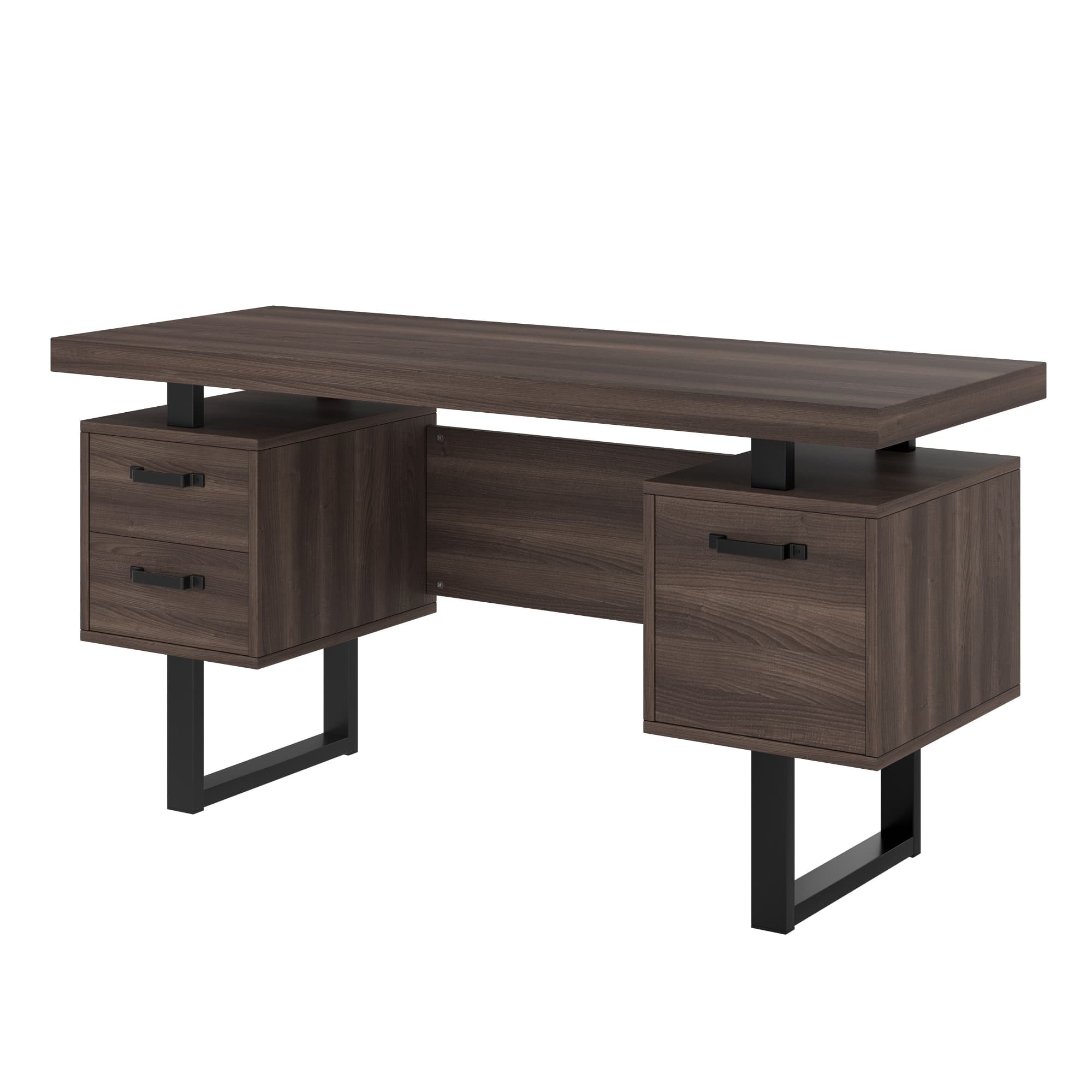 Bureau simple avec tiroirs, MDF et tube en acier, plateau de bureau spacieux, rangement efficace, 135x54x76 cm, Noir + Marron