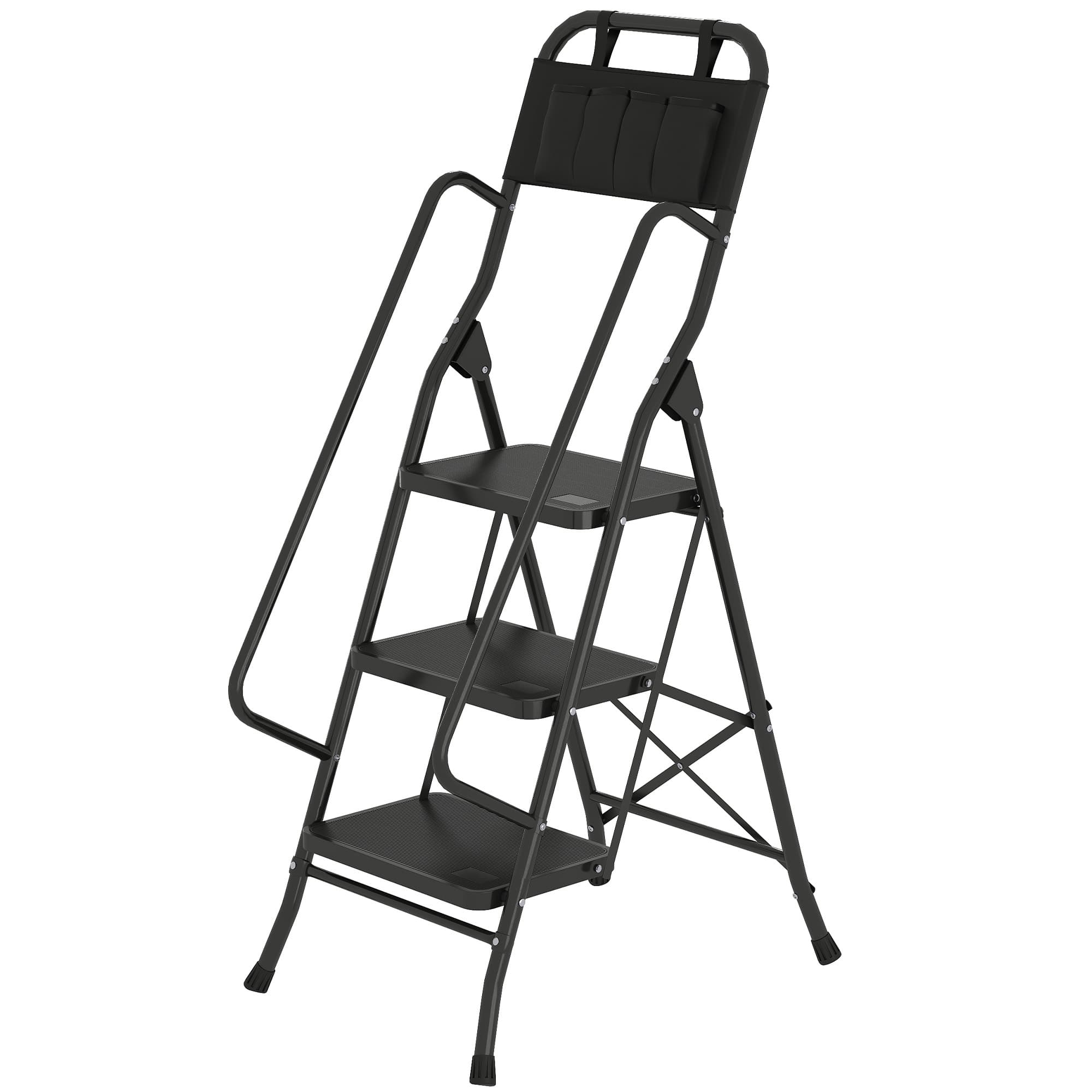 HOMCOM Échelle pliable 3 marches avec sac porte-outils — marches larges antidérapantes, noir