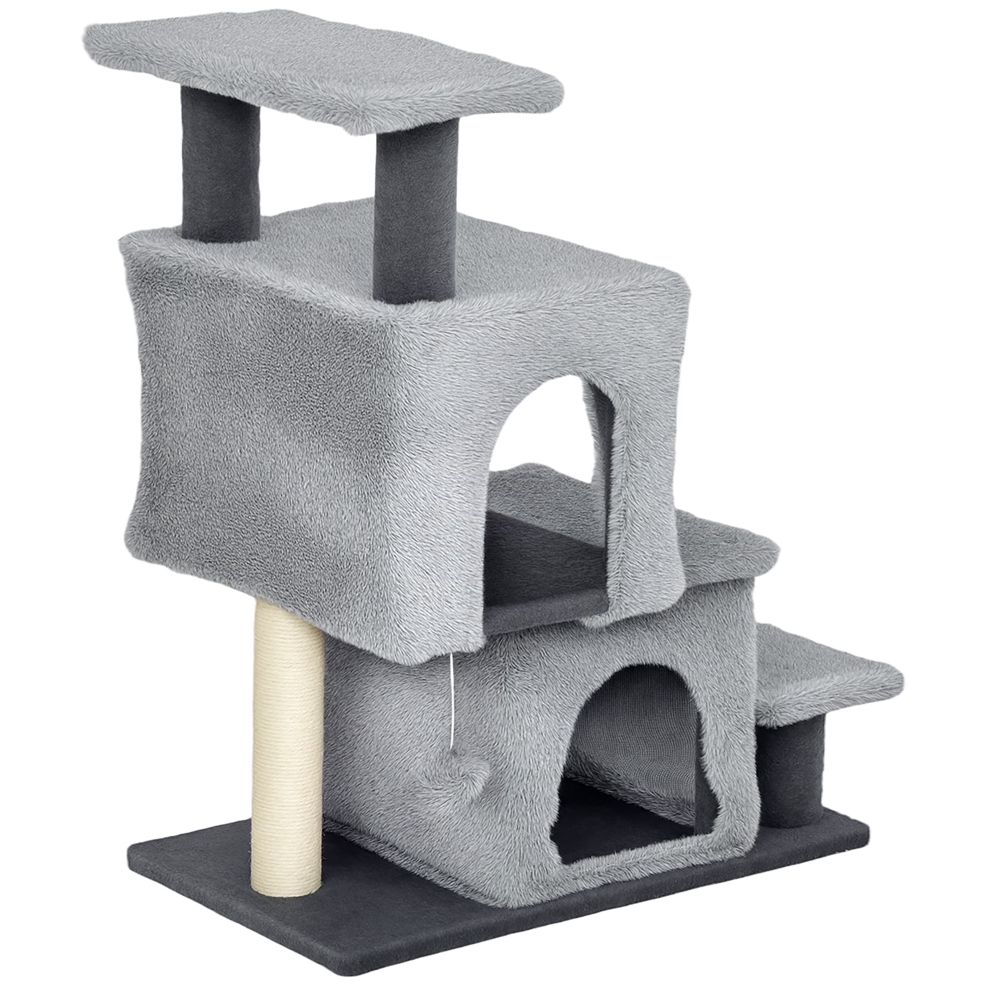 PawHut Échelle pour chat 4 marches réglable avec 2 niches et griffoir — Gris