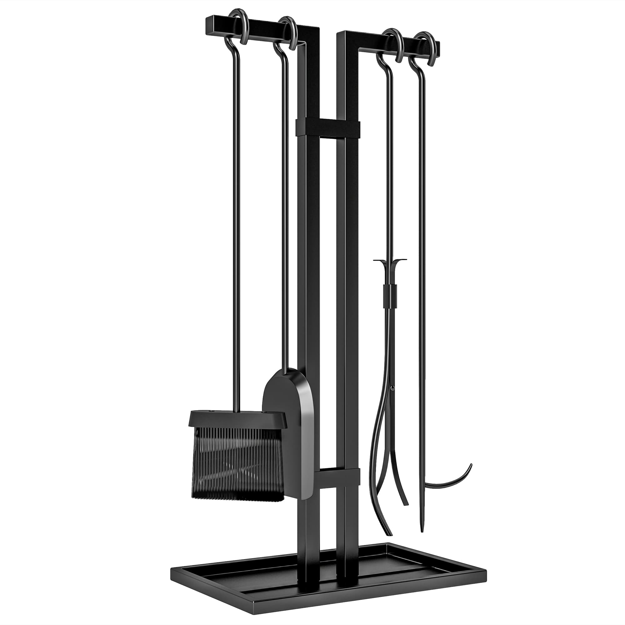 Outsunny ensemble serviteur de cheminée 5 pièces, outils de cheminée en métal, avec balai, pelle, pinces pour foyer, noir Aosom France