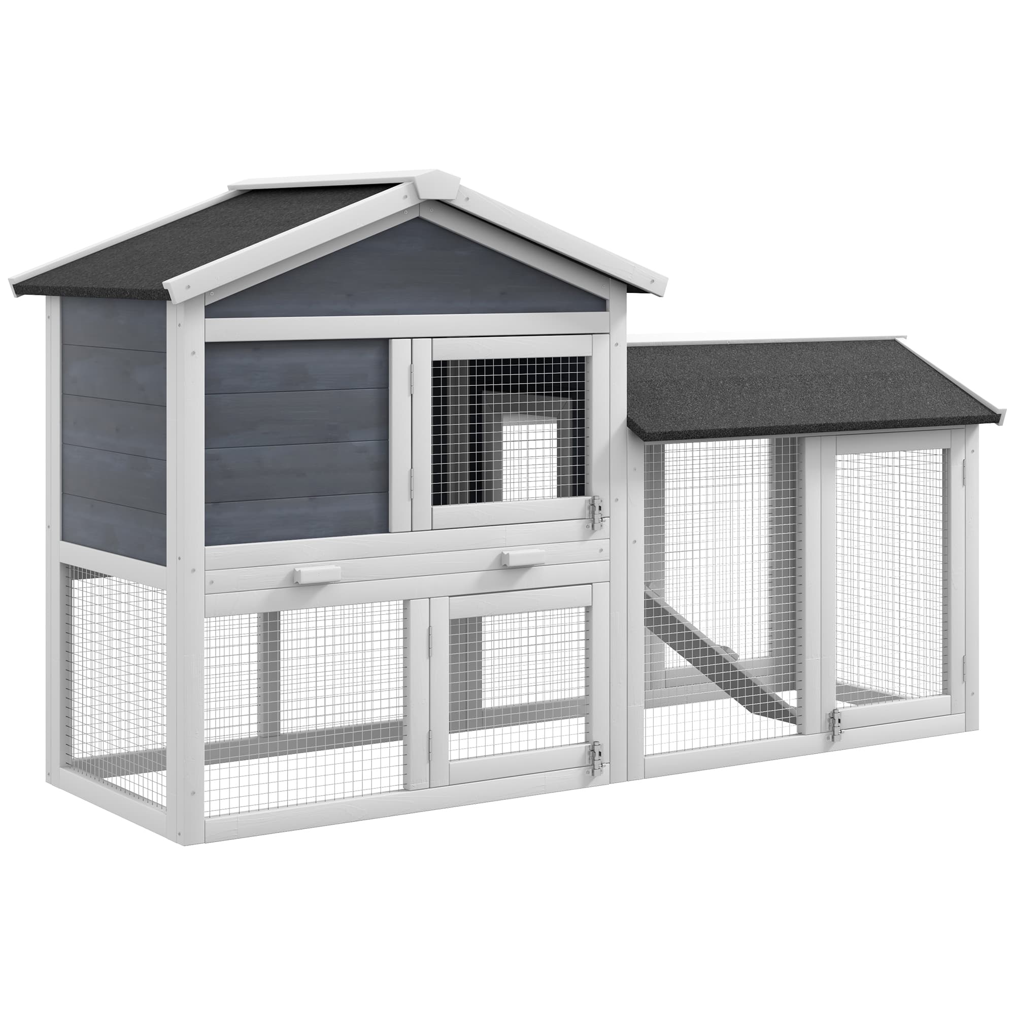 PawHut Clapier avec enclos, bois de sapin, 147 x 54 x 84 cm, Gris