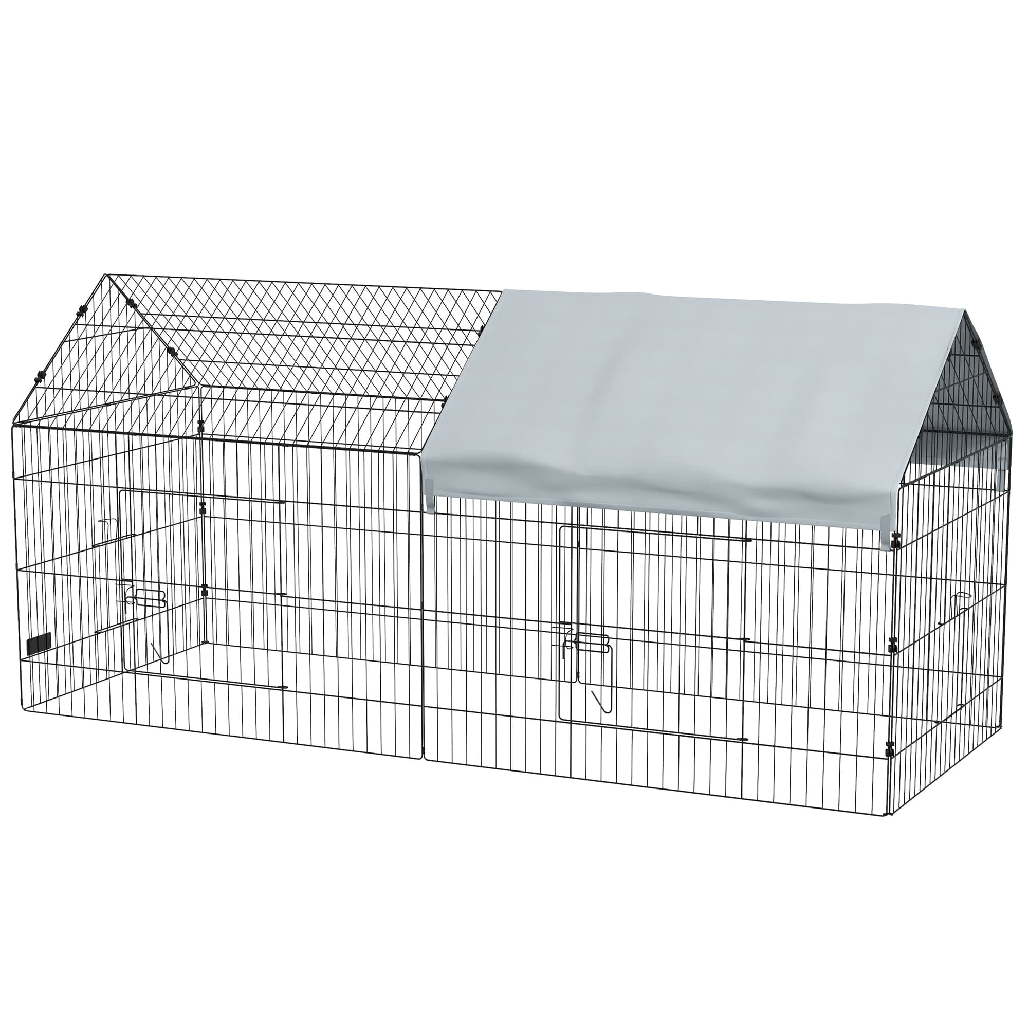 PawHut Cage pour Lapins d'Extérieur et d'Intérieur de Style Maisonnette avec Toit, 220x85x103cm, Argent