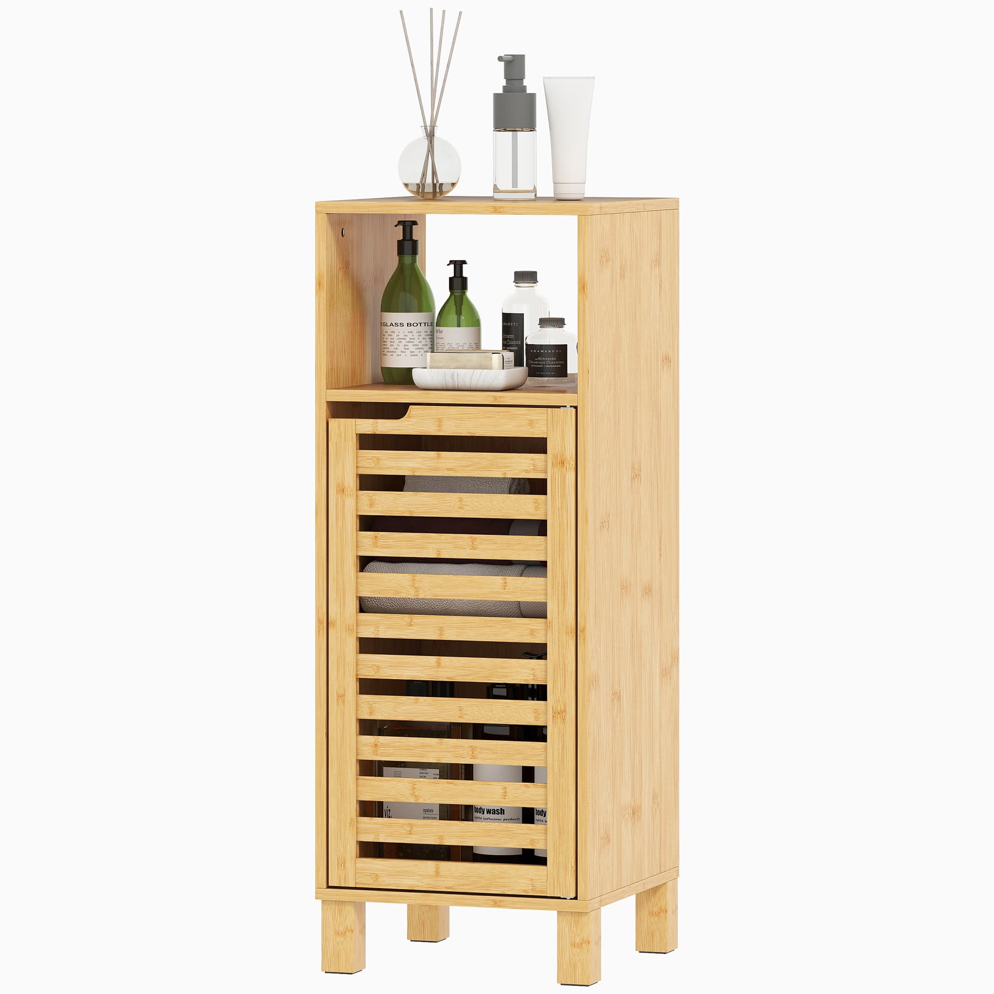 HOMCOM Armoire de salle de bain, étagère ouverte, armoire, bois de bambou, porte à lames, brun clair