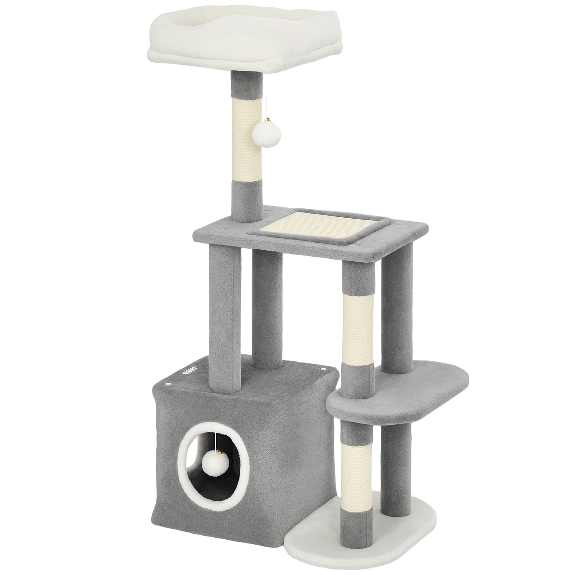 PawHut Arbre Griffoir pour Chats avec Maisonnette, Lit et 2 Balles, en Bois et Peluche, 55x40x107 cm, Gris et Blanc