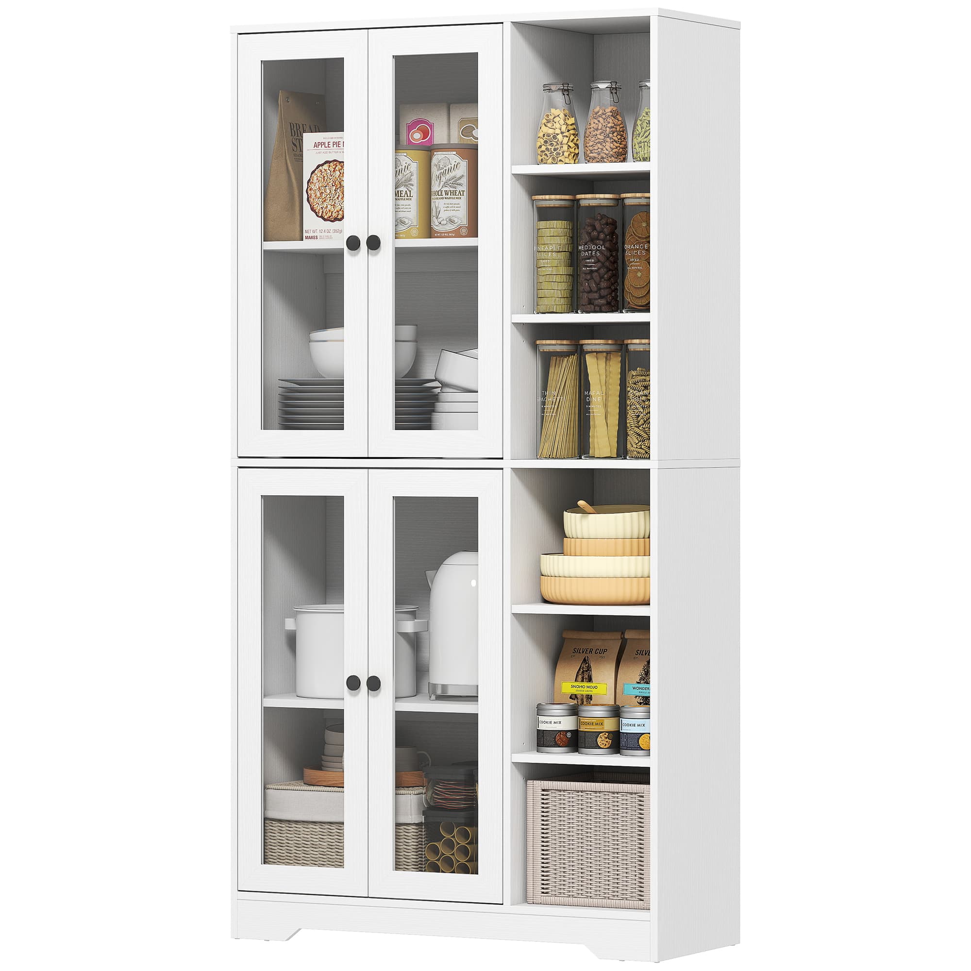 HOMCOM Armoire de cuisine avec portes vitrées, étagères, compartiments ouverts, 172 cm, MDF, Blanc