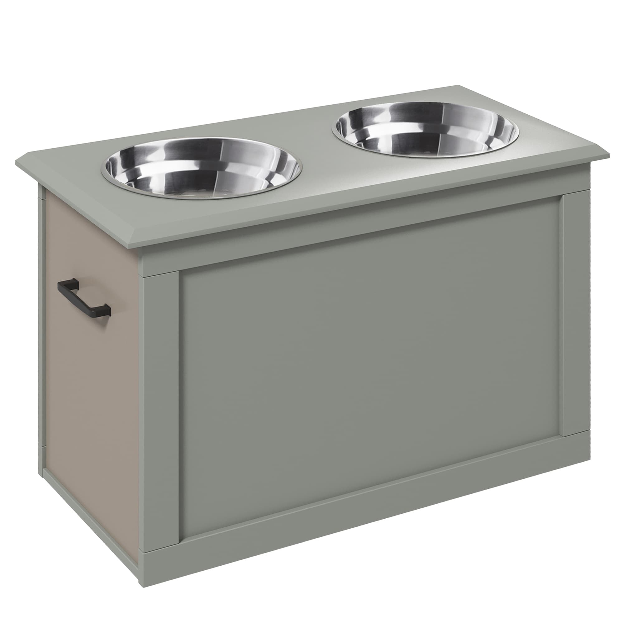 PawHut Gamelles chiens surélevées gamelle double chien chat Porte-gamelles surélevé dim. 60L x 30l x 41H cm 2 gamelles 2L poignées coffre bois gris