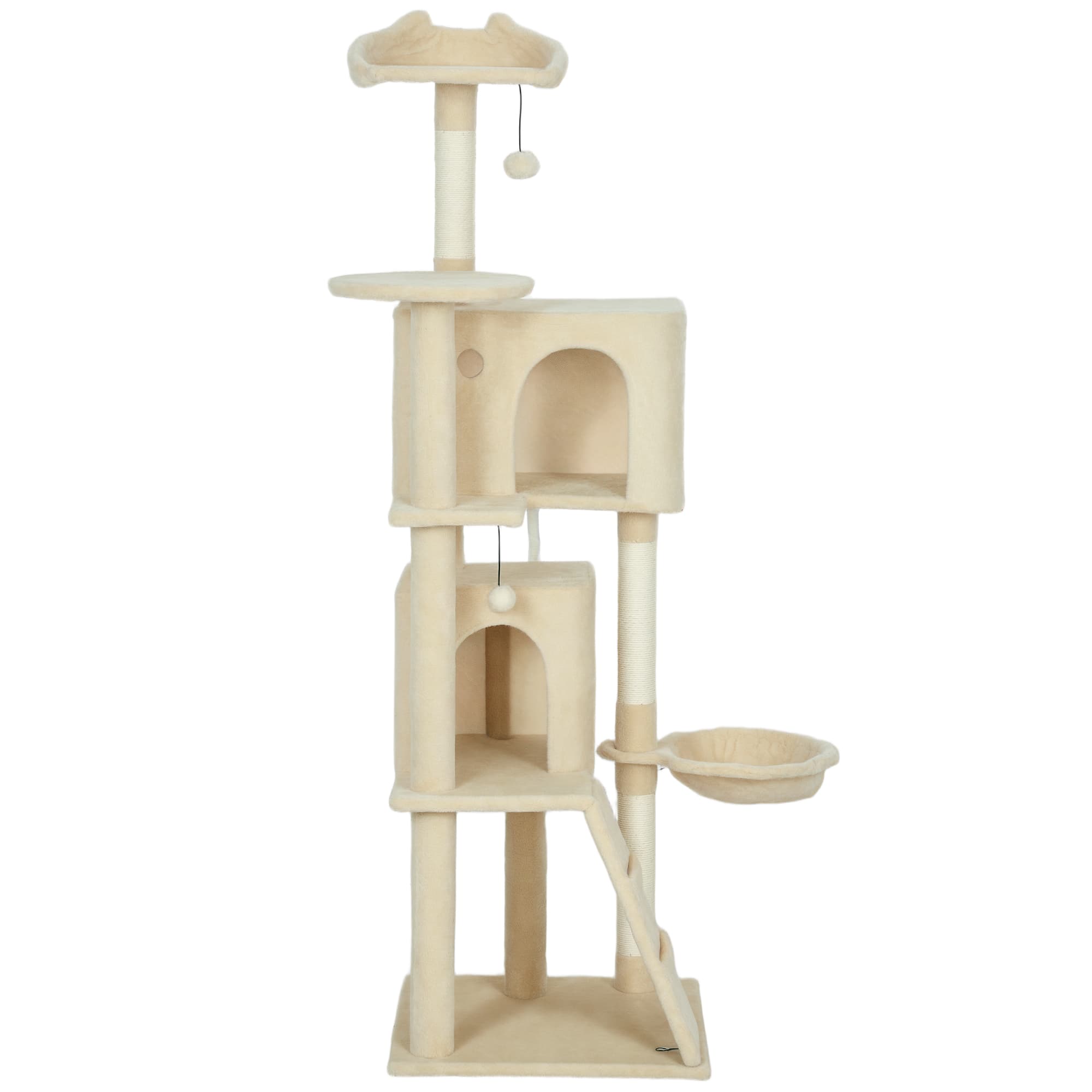 PawHut Arbre à griffer 160 cm Tour pour chat avec hamac, échelle, niche, 2 balles en peluche, troncs en sisal, 48 x 48 x 160 cm, Beige