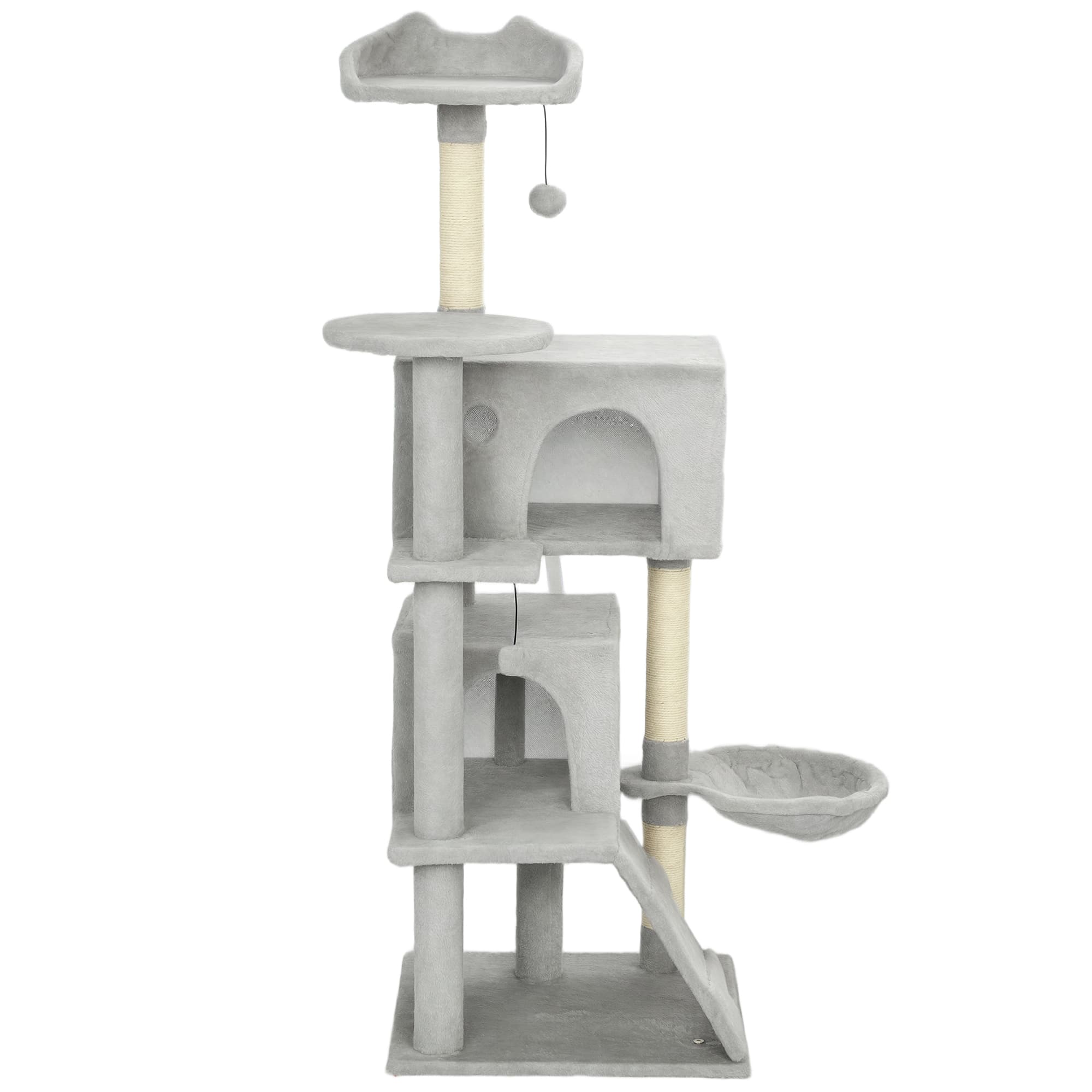 PawHut Arbre à Griffer pour Chats Haut 140 cm avec 2 niches, Hamac, Lit et Poteaux en Sisal, Gris
