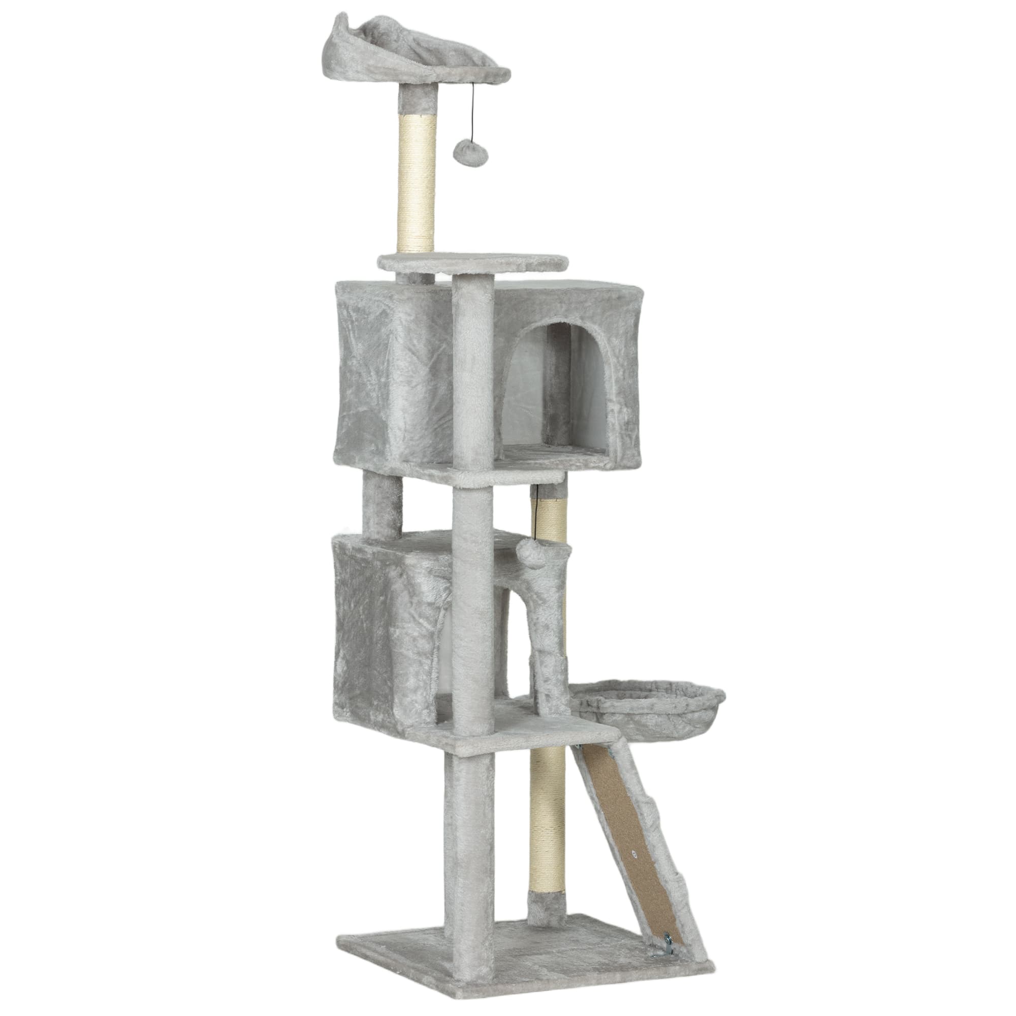 PawHut Arbre à chat 160 cm avec 2 niches, hamac, couchage et poteaux en sisal, Gris