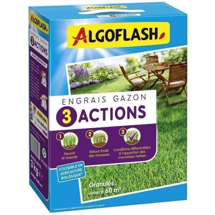 Engrais Gazon - 3 Actions - UAB - Granulés 3 kg - Jusqu'a 60m2 - ALGOFLASH NATURASOL