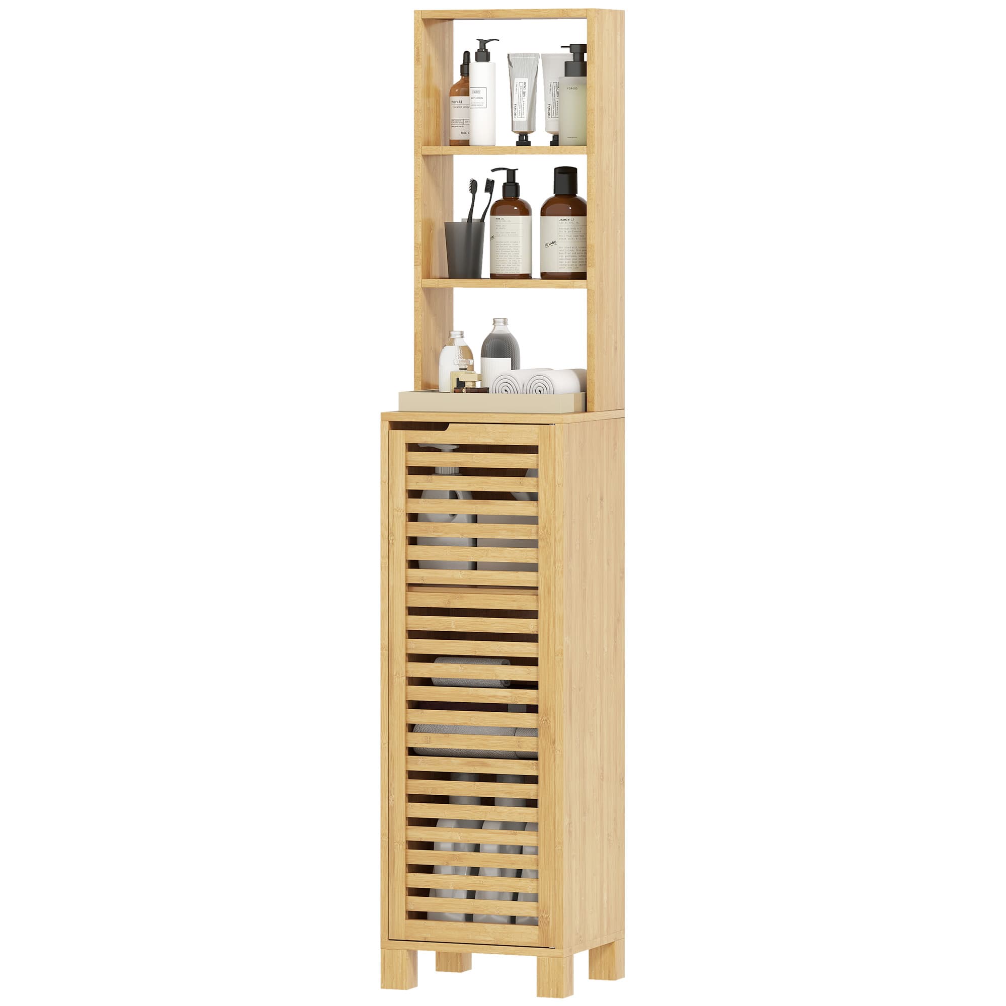 HOMCOM Meuble Haut de Salle de Bain en Bambou Colonne Étroit avec 3 Étagères Ouvertes Portes à Lames Tablettes Réglables 34x30x170 cm Naturel