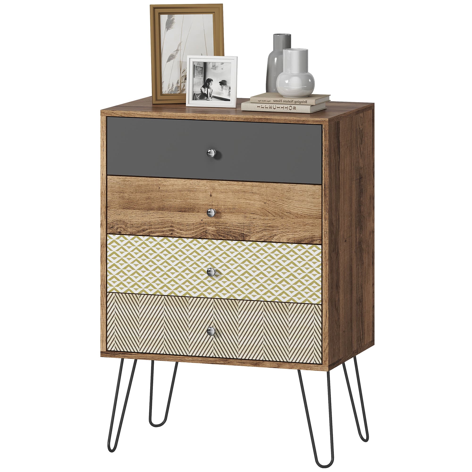 HOMCOM Commode 4 tiroirs Pieds fourche en acier Style bohème 60x39x86 cm Multicolore