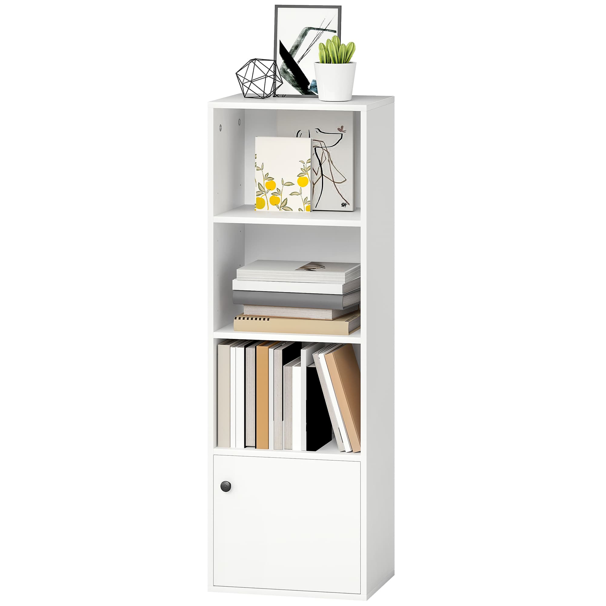 HOMCOM Bibliothèque 4 Niveaux Étagère pour Livres Moderne avec Tablettes Ouvertes et Porte 40x30x120 cm Blanc