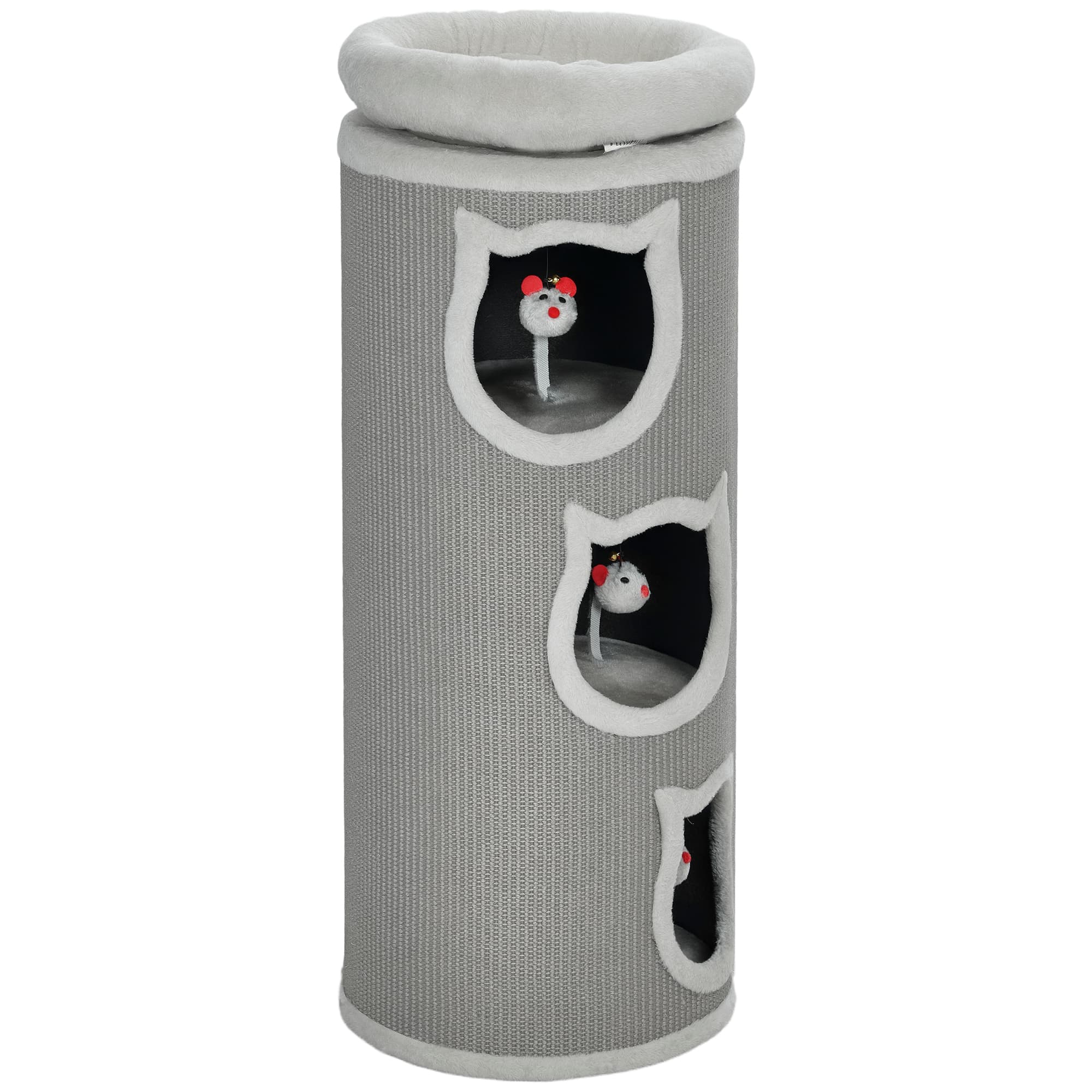 PawHut Tonneau à griffer pour chat, 96 cm, tour à 4 niveaux avec lit lavable, 3 tanières, jouet suspendu, pour plusieurs chats Gris