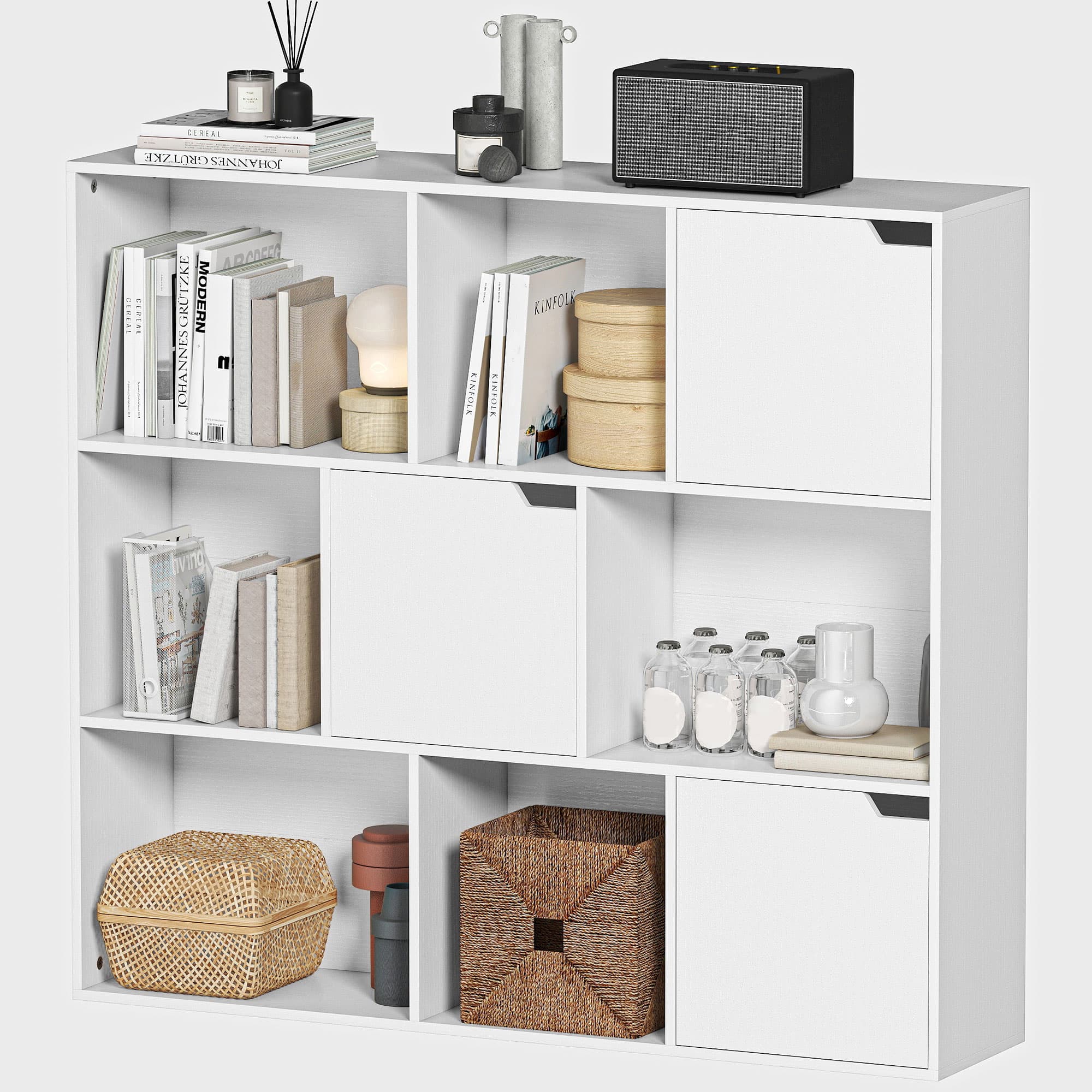 HOMCOM Étagère, 9 compartiments cubiques, 3 portes, 6 étagères ouvertes, pour salon, chambre, panneau de particules, Blanc
