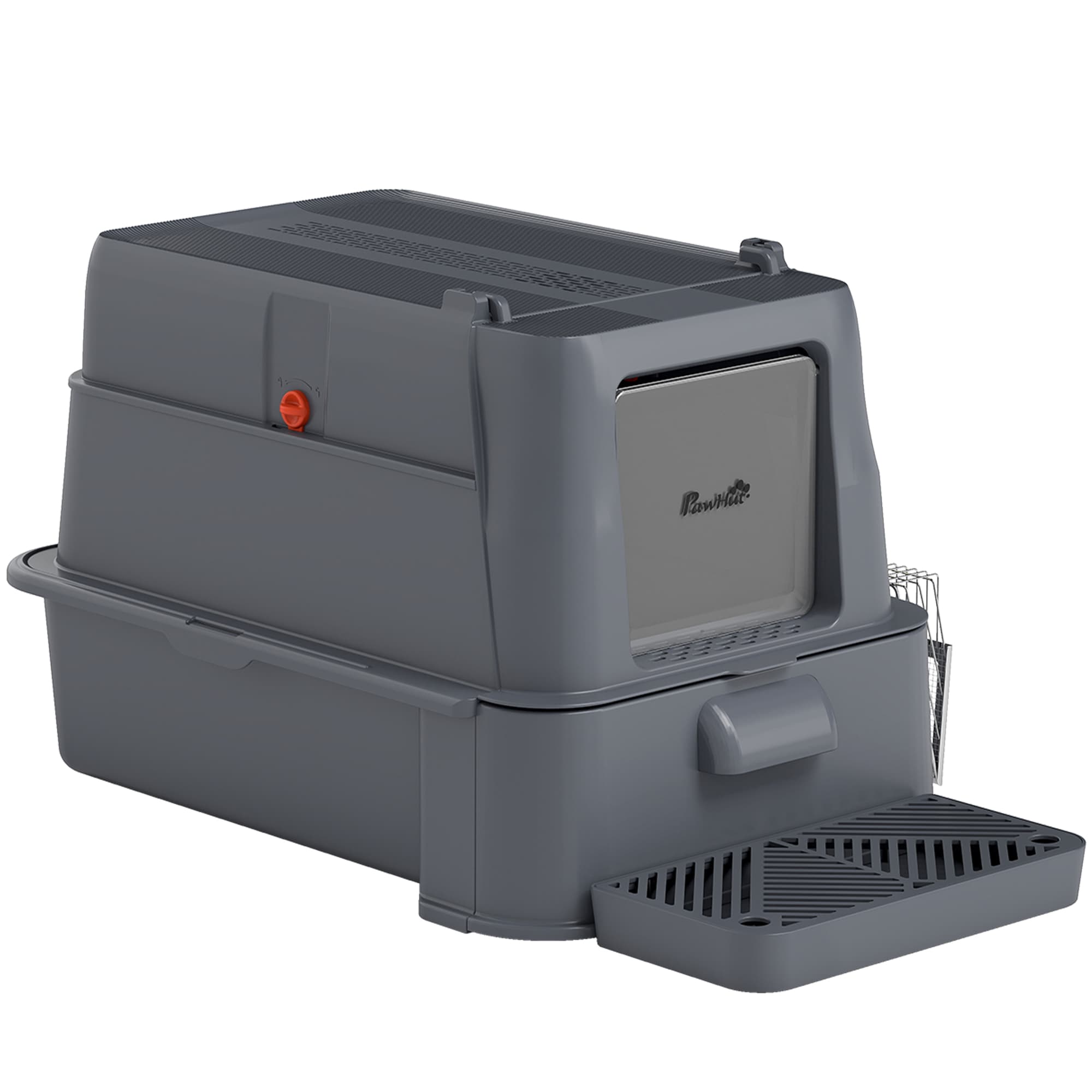 PawHut Bac à litière pour chats XL en acier inoxydable avec couvercle rabattable 180° Parois hautes Pédale Pelle Gris foncé