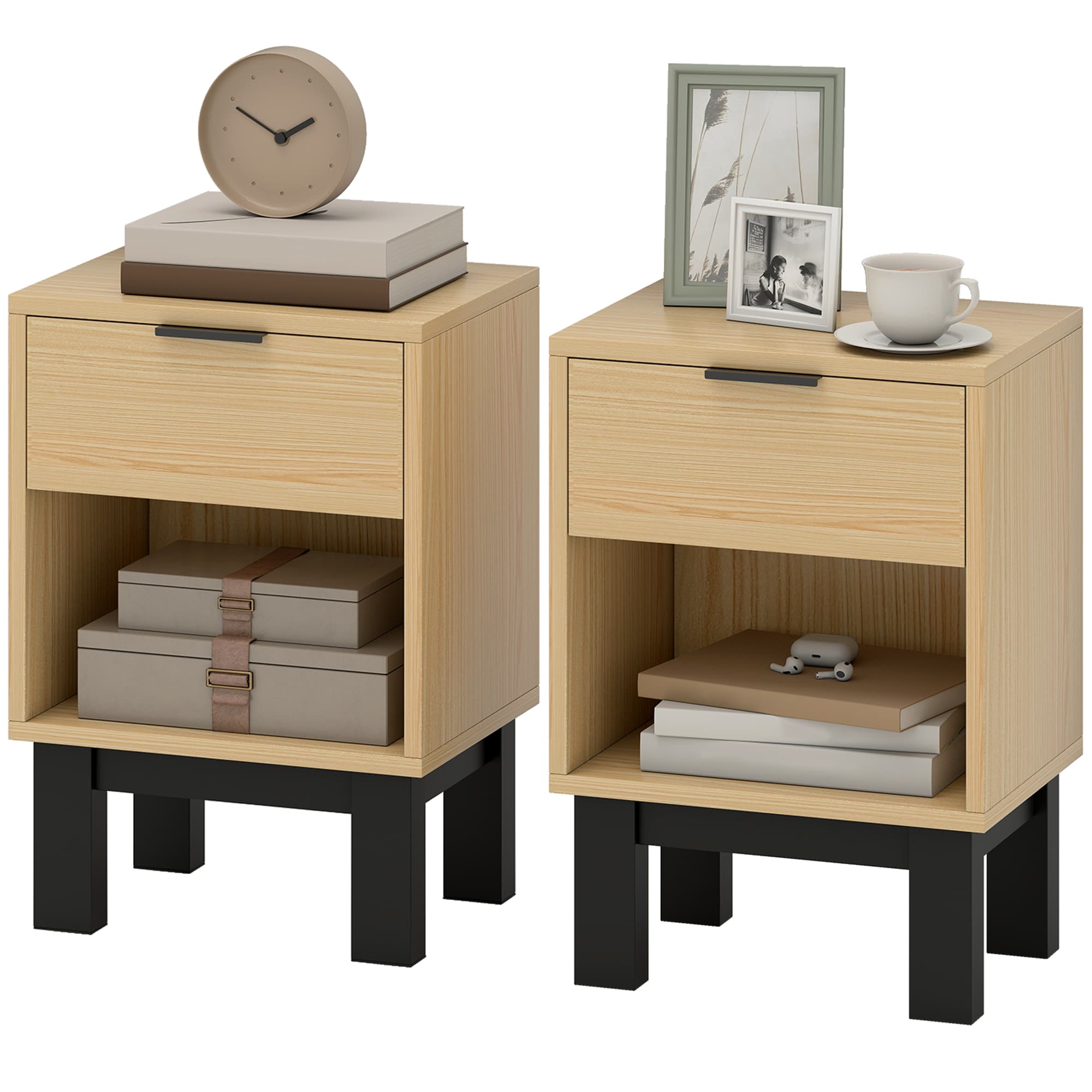 HOMCOM Ensemble de 2 Tables de Chevet Étroites Tables de Nuit Modernes avec Tiroir Étagère Ouverte 35x26x50 cm Chêne