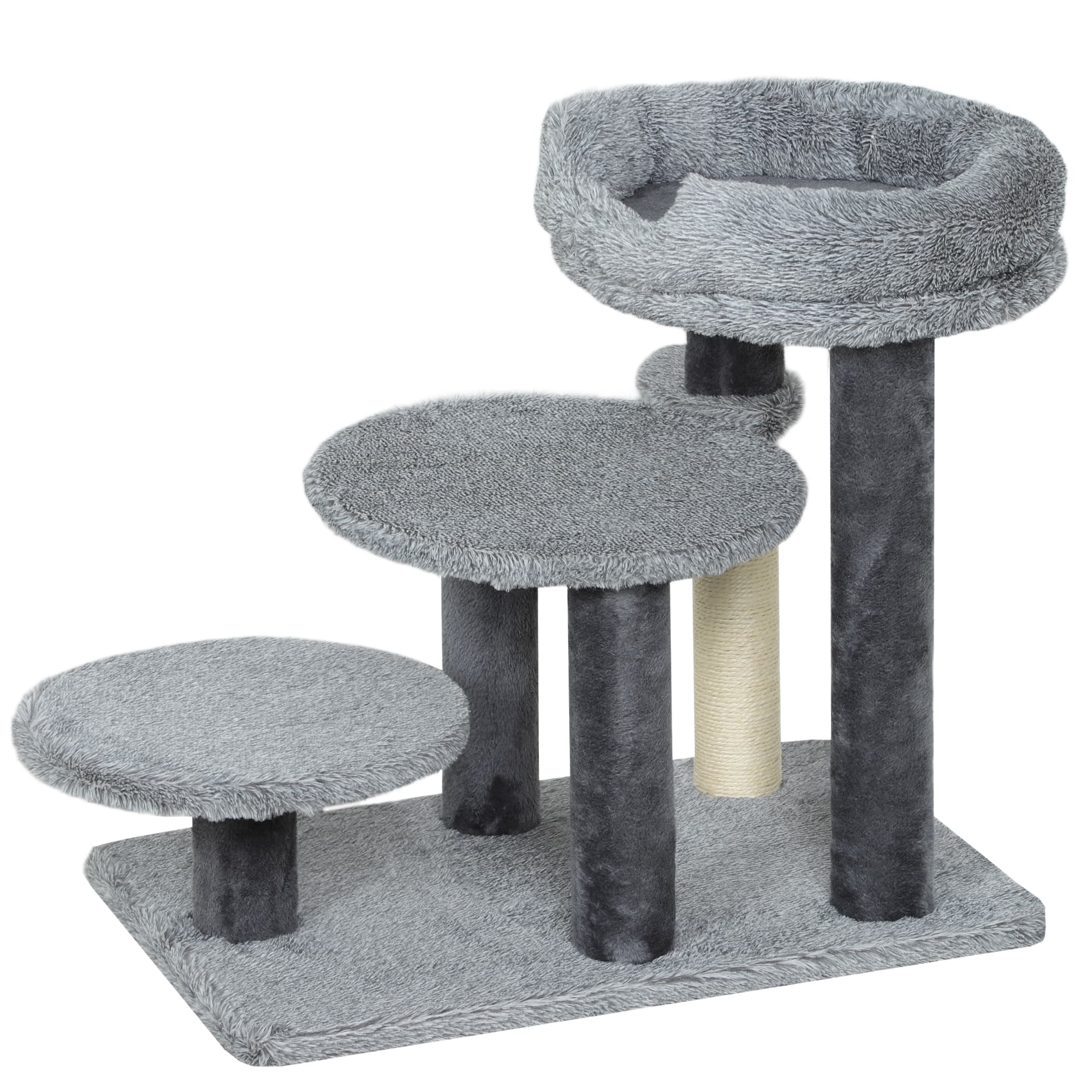 PawHut Arbre à griffer et escalier pour chat, base large, tissu en peluche, poteau à griffer en sisal, gris