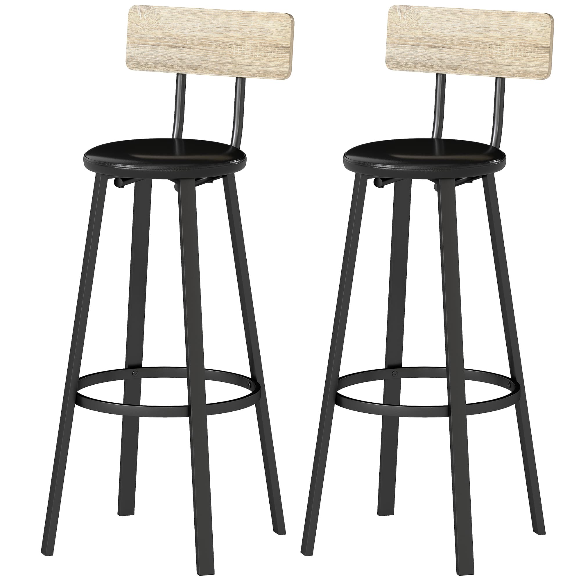 HOMCOM Jeu de 2 Tabourets Hauts de Cuisine avec Dossier et Repose-pieds Revêtus en PU Assise de 75,5 cm Naturel et Noir