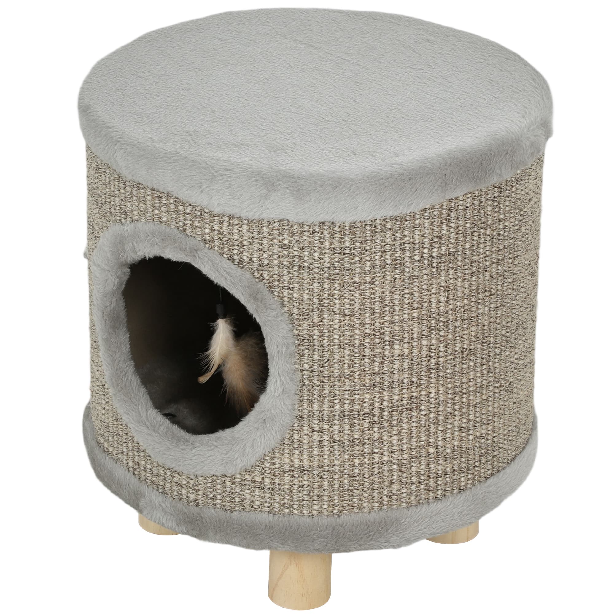 PawHut Maison pour Chats 3 en 1 Tabouret Repose-pieds Lit pour Chats avec Griffoir Pieds en Bois Plume 36x36x38 cm Gris