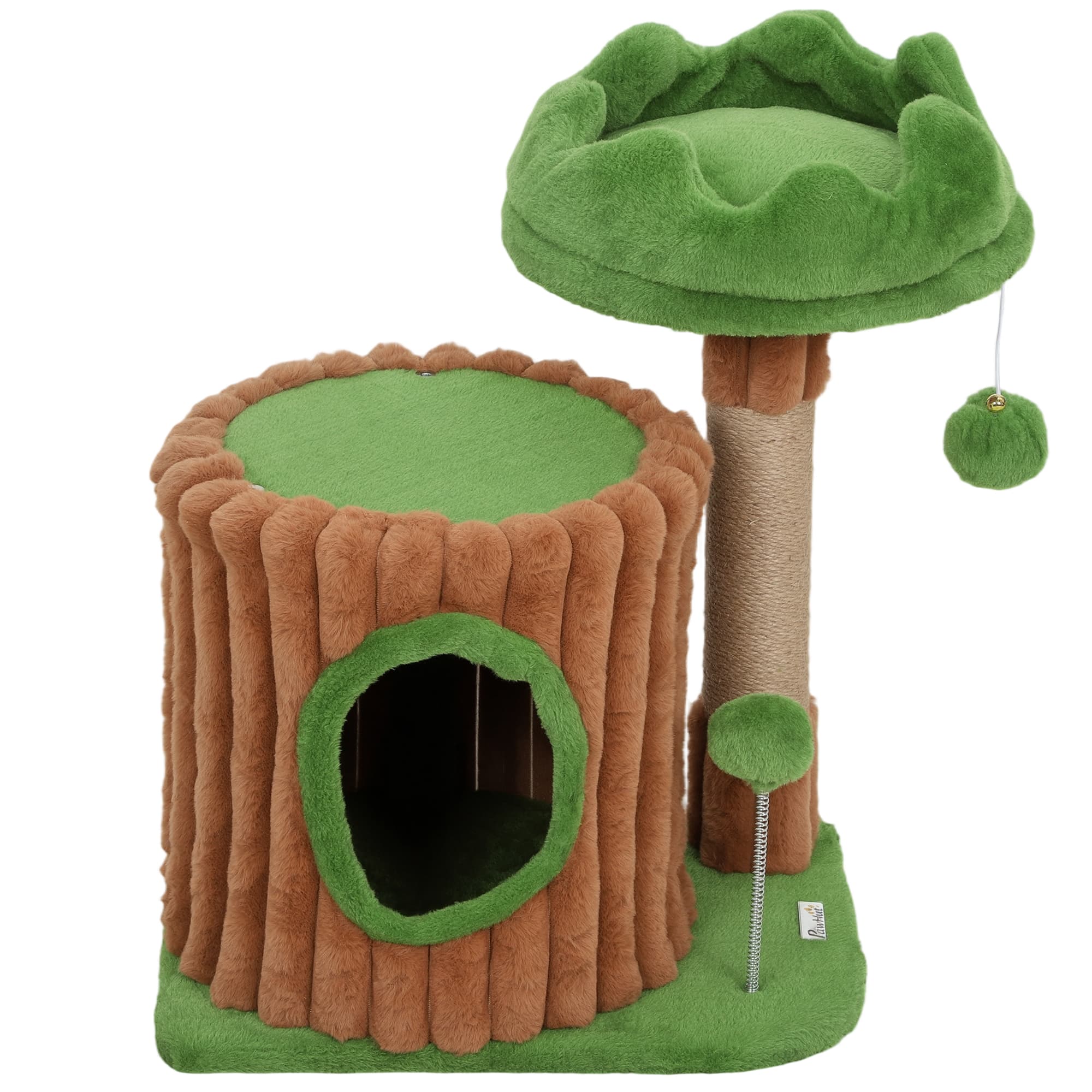 PawHut Arbre à Griffer pour Chats 53 cm Design Tronc avec Maisonnette Couchage Poteau en Jute Boules Marron et Vert